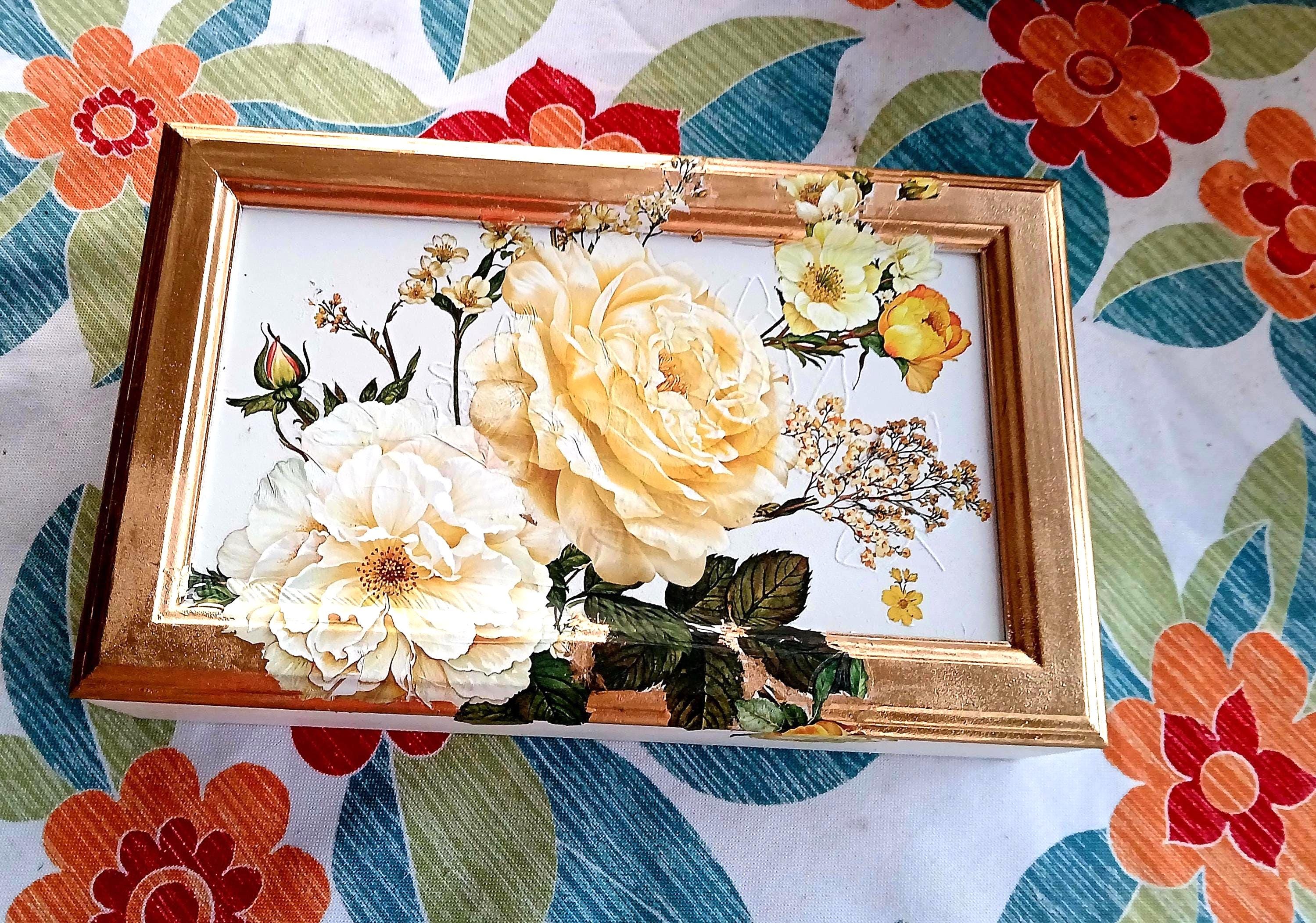 Refurbished Oak Jewelry Box • Cream & Yellow Botanical Keepsake Jewellery Chest