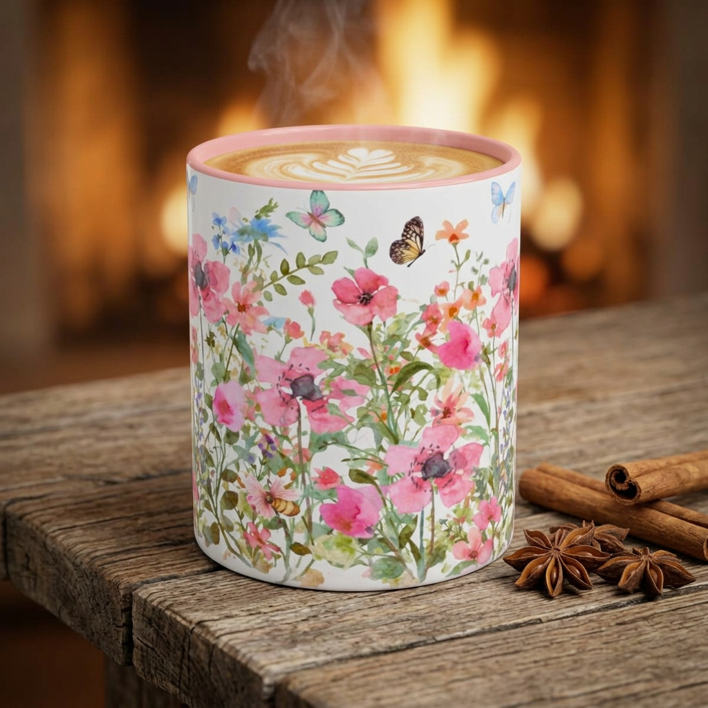 Floral Meadow Accent Coffee Mug — Pink Wildflowers & Butterflies (11oz, 15oz)