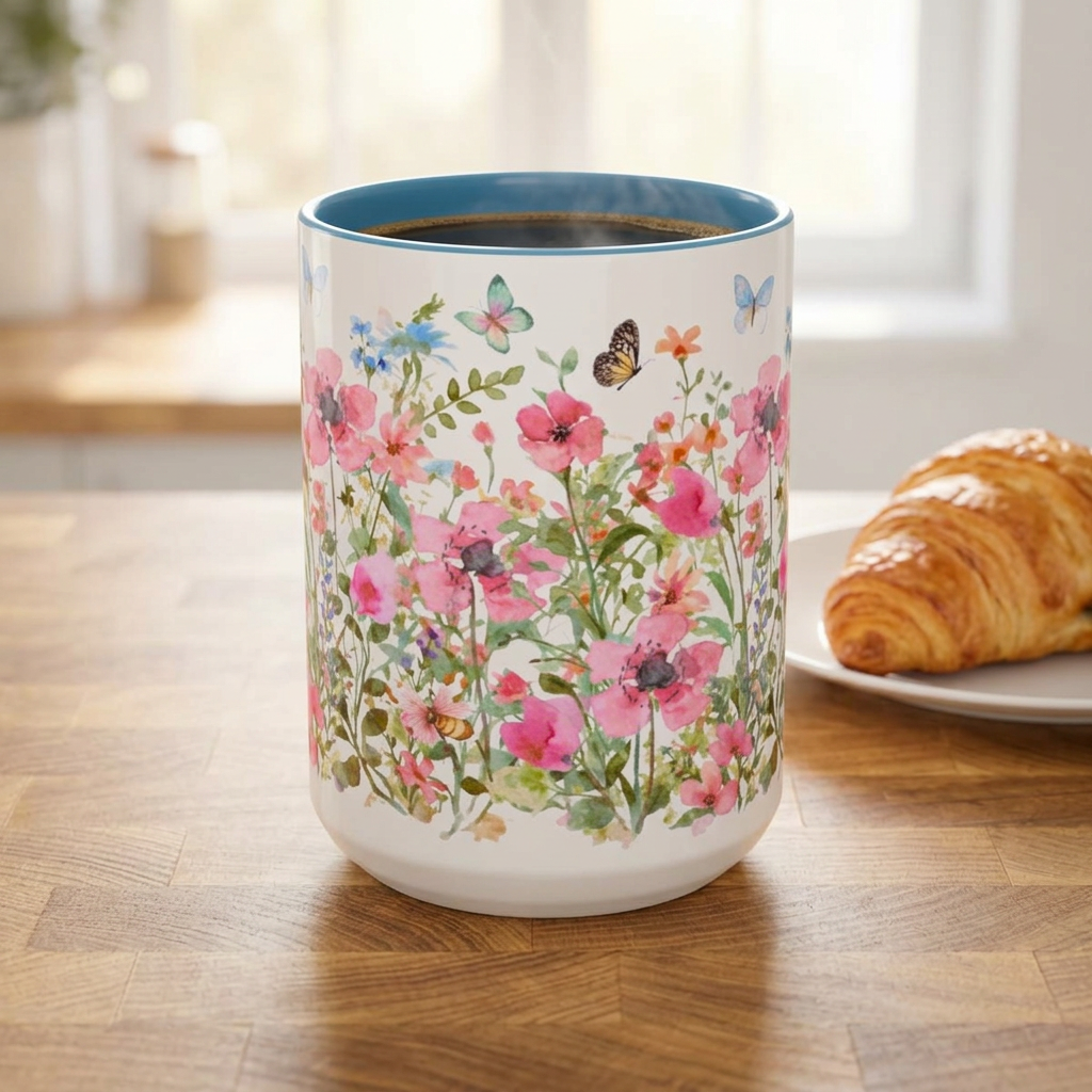 Floral Meadow Accent Coffee Mug — Pink Wildflowers & Butterflies (11oz, 15oz)