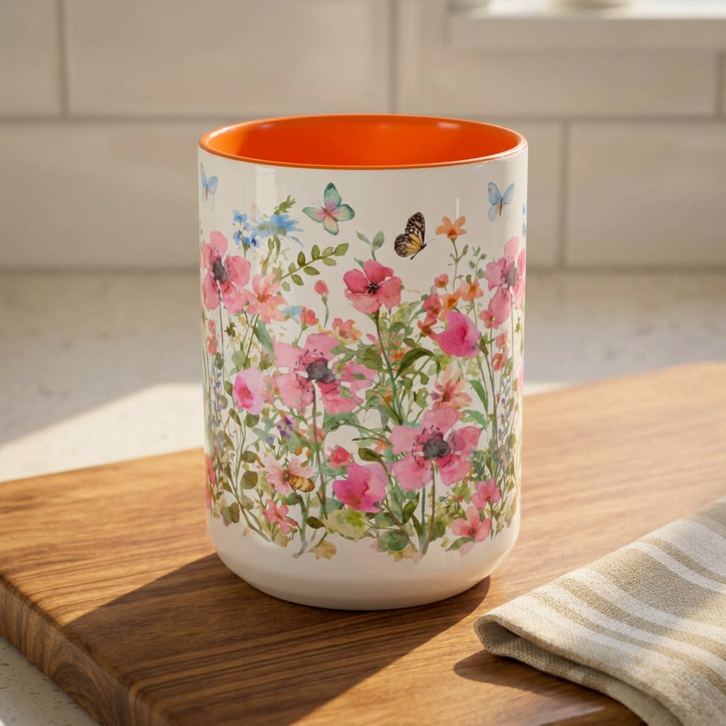 Floral Meadow Accent Coffee Mug — Pink Wildflowers & Butterflies (11oz, 15oz)