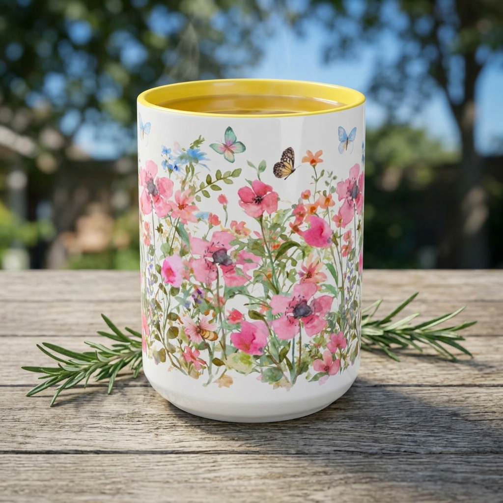 Floral Meadow Accent Coffee Mug — Pink Wildflowers & Butterflies (11oz, 15oz)