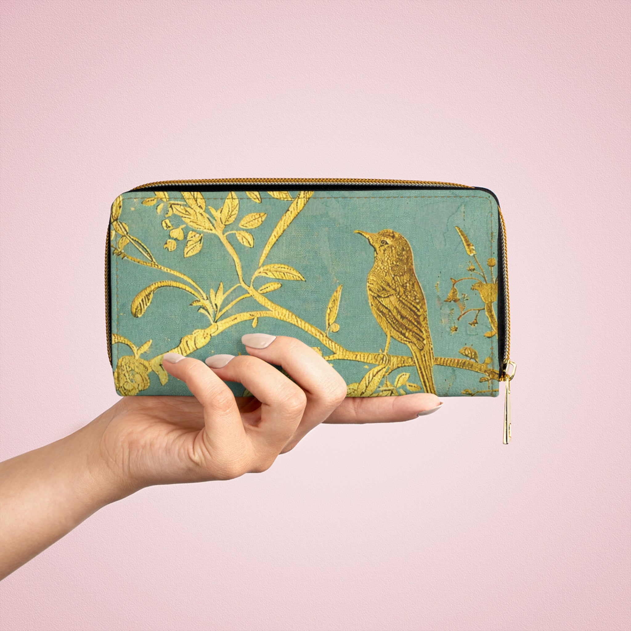 Gold Bird Branch print Zipper Wallet | Teal Botanical Pattern