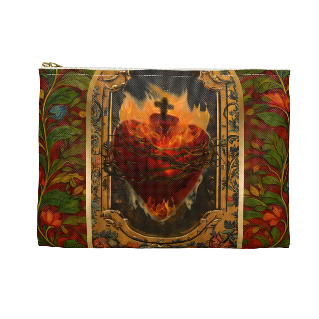 Flaming Sacred Heart Accessory Pouch | Gothic Religious Art, Floral Border