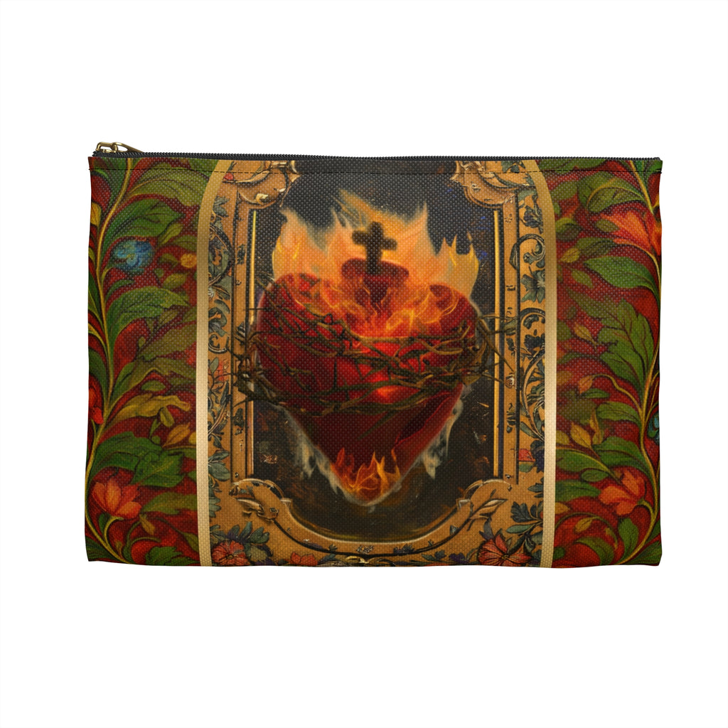Flaming Sacred Heart Accessory Pouch | Gothic Religious Art, Floral Border