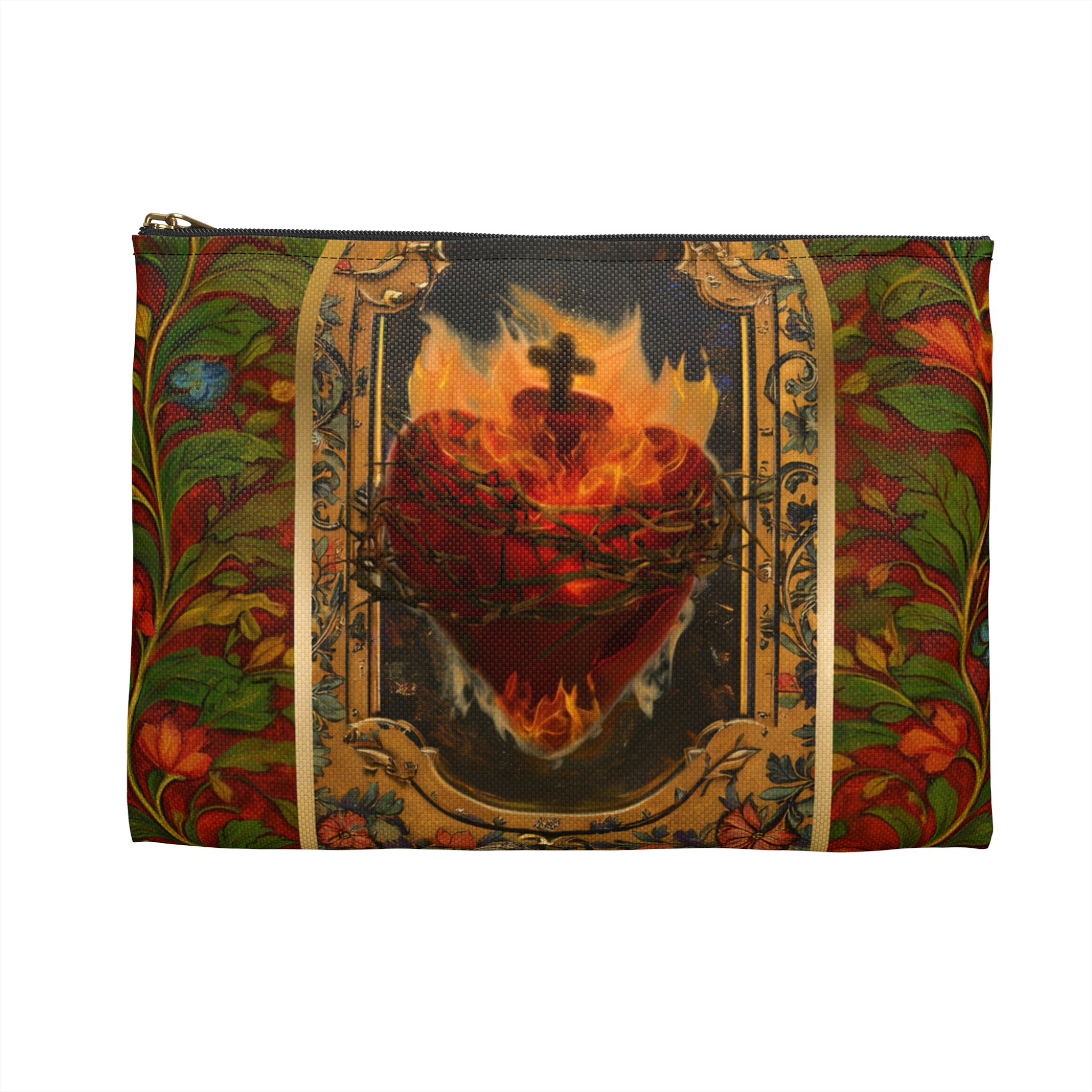 Flaming Sacred Heart Accessory Pouch | Gothic Religious Art, Floral Border