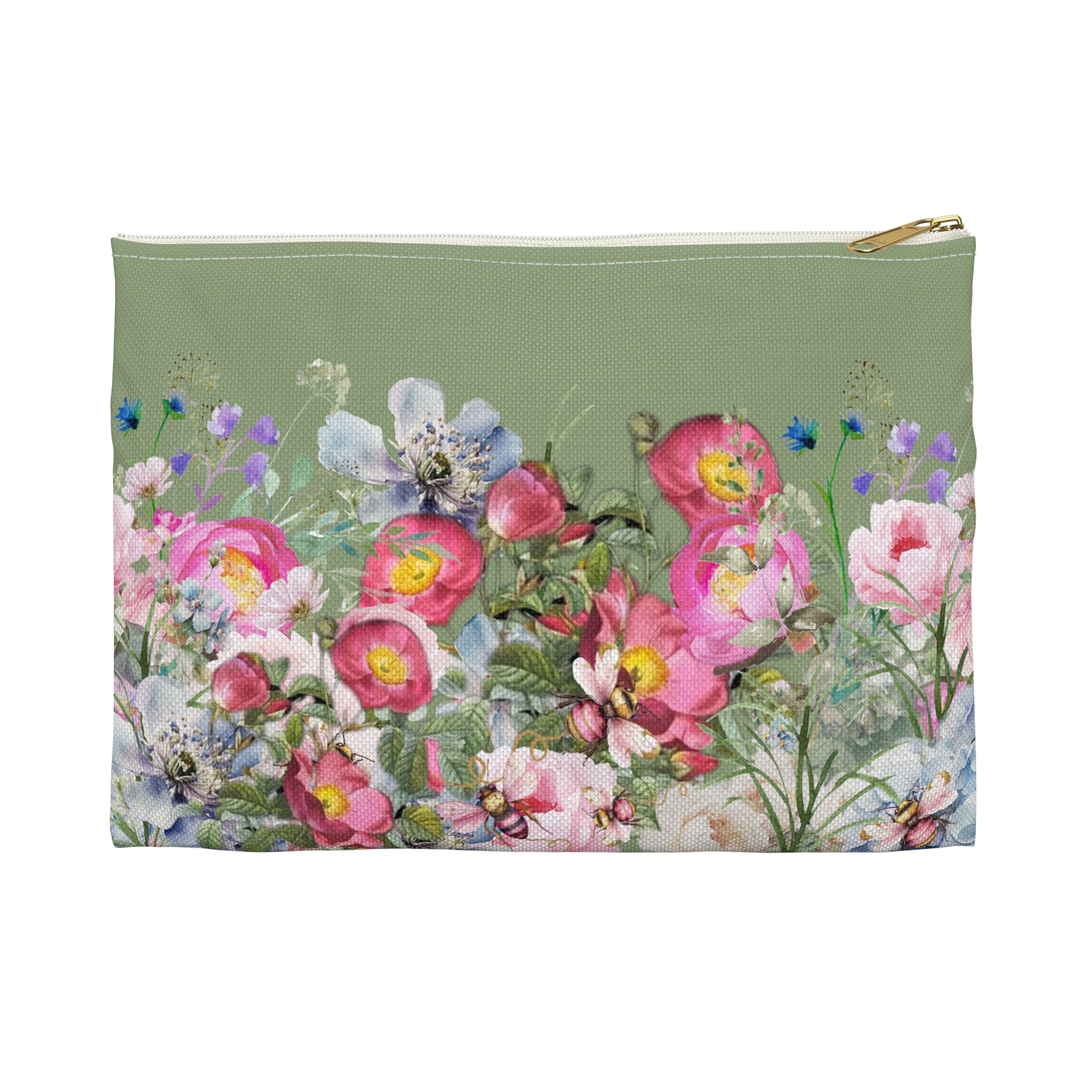 Sage Green Cottagecore Bag Meadow Flowers Pouch, Floral Accessory Bag Gift for Women, Romantic Gift for Her, Cottage Core Accessories