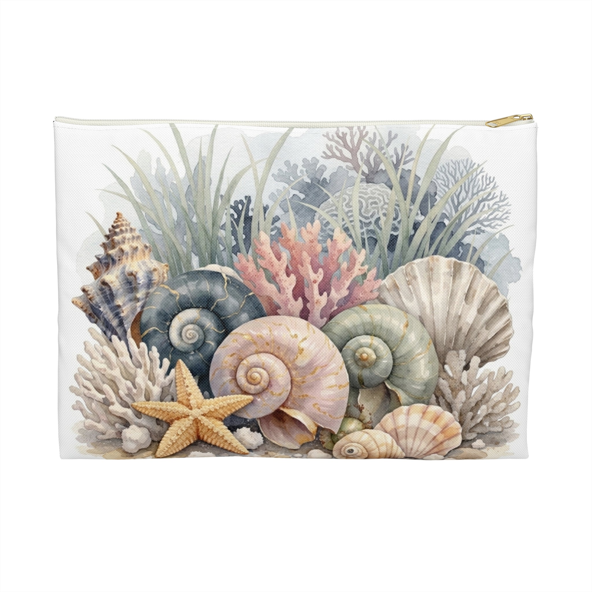 Sea Shell Collage Accessory Pouch | Beach Shell Print Coin Purse | Coastal Beach Toiletry Bag