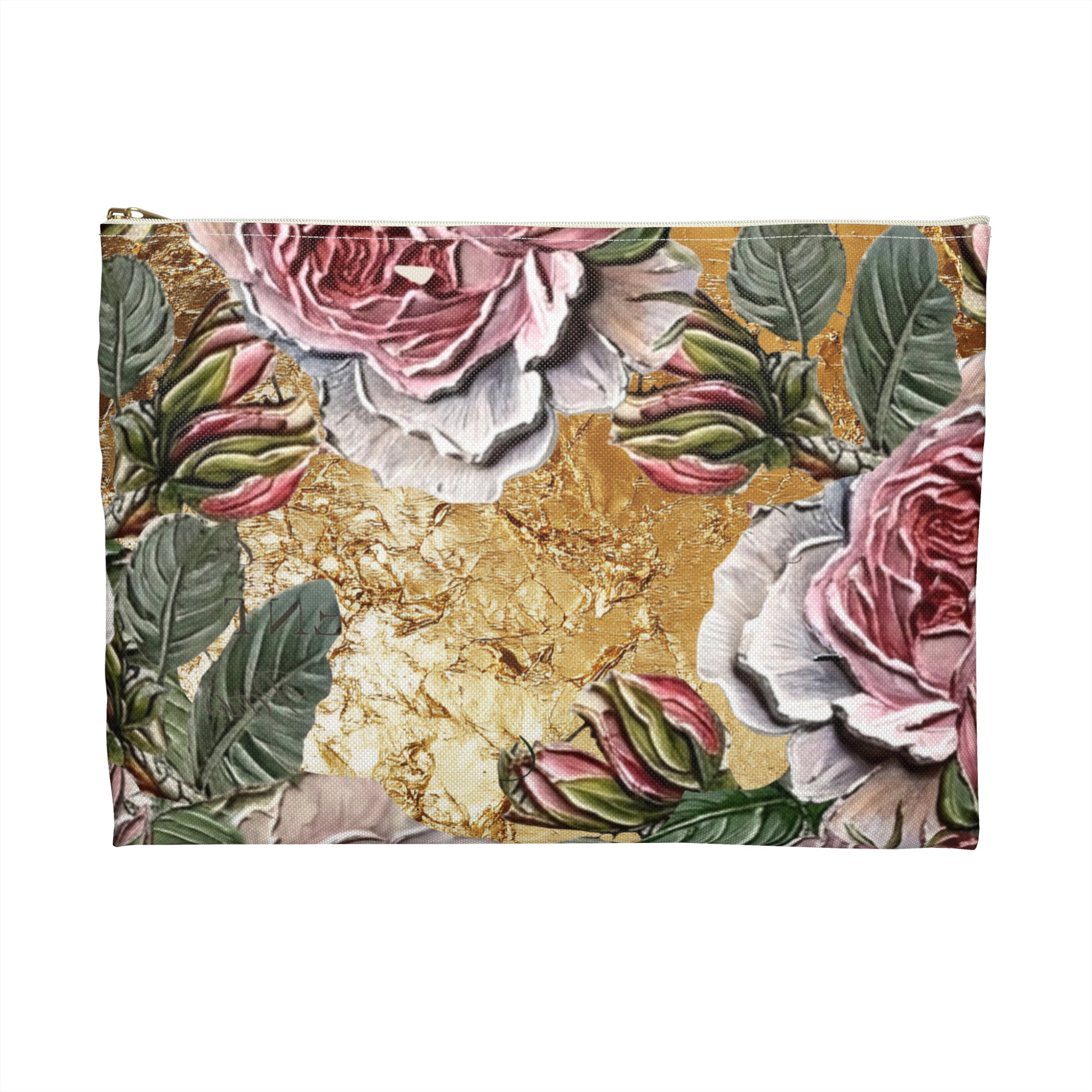 Vintage Pink Roses on Gold Marble Accessory Pouch | Floral Makeup Bag