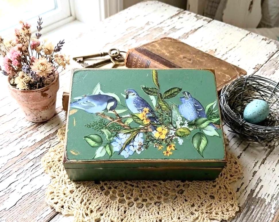 Victorian Bluebirds Bird Jewelry Box • Small Trinket Box Vintage Renewed Keepsake Chest