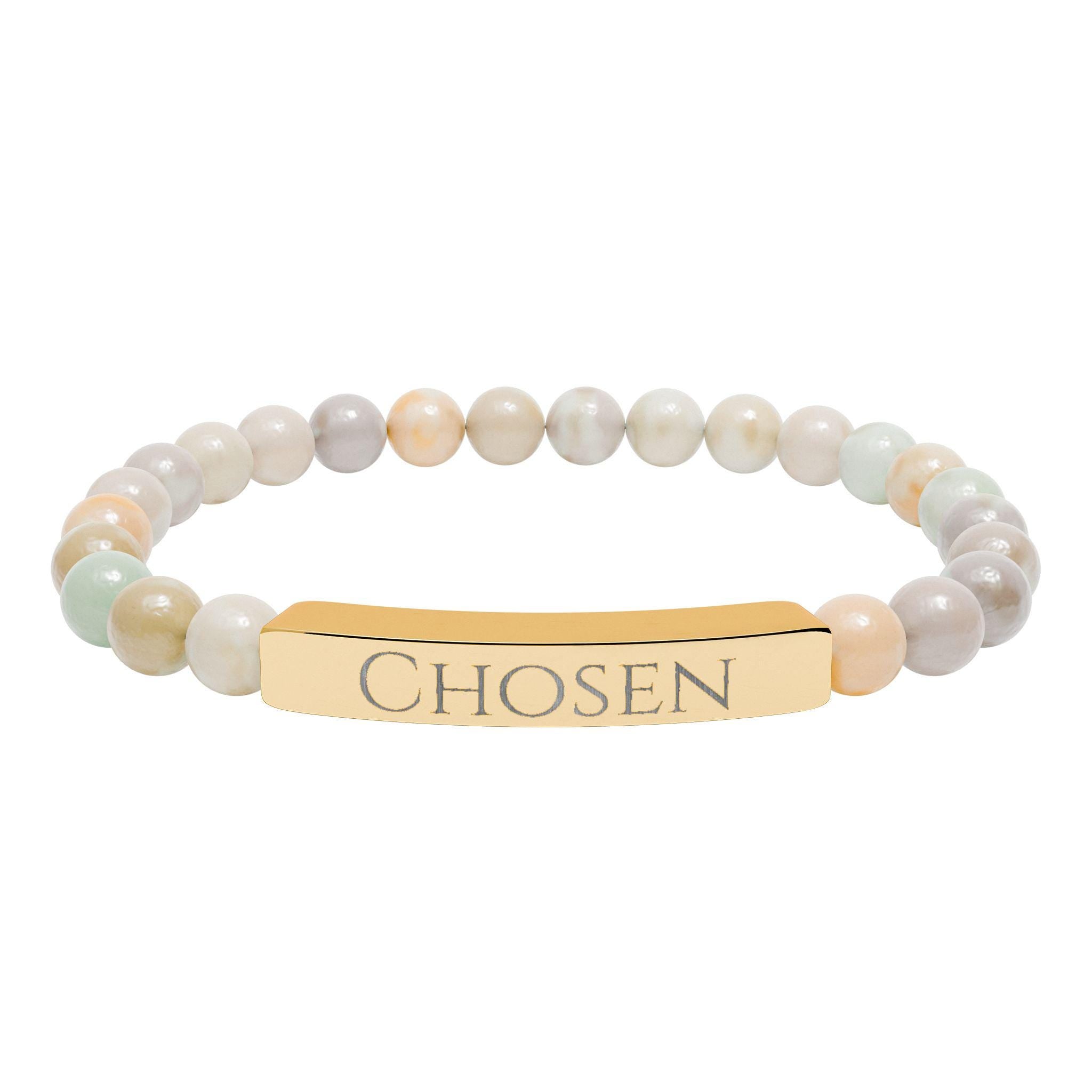 Chosen Engraved Stone Stretch Bracelet | Natural Beaded Bar Bracelet