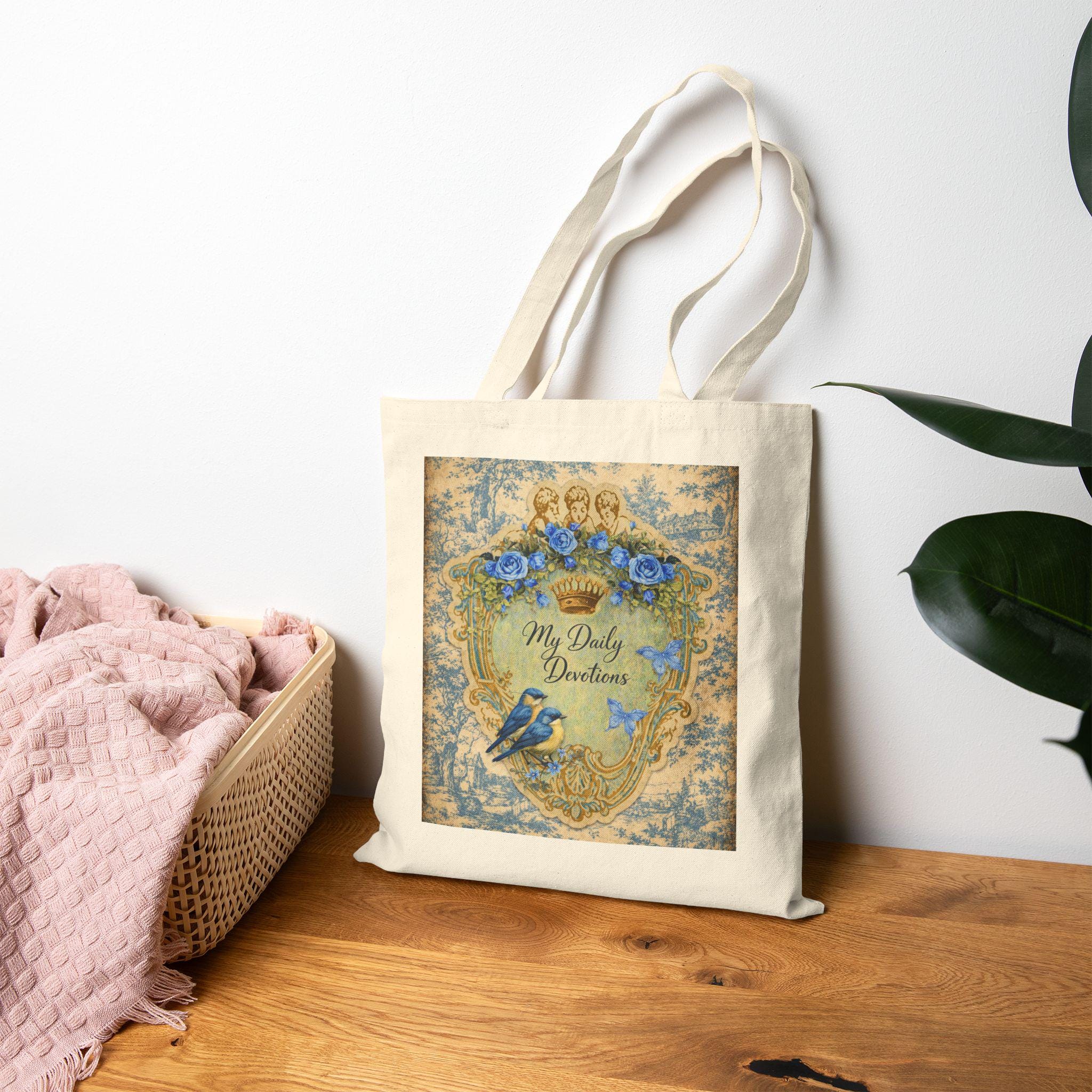 Vintage Blue Roses Heart Shield tote bag | Cotton Canvas Tote