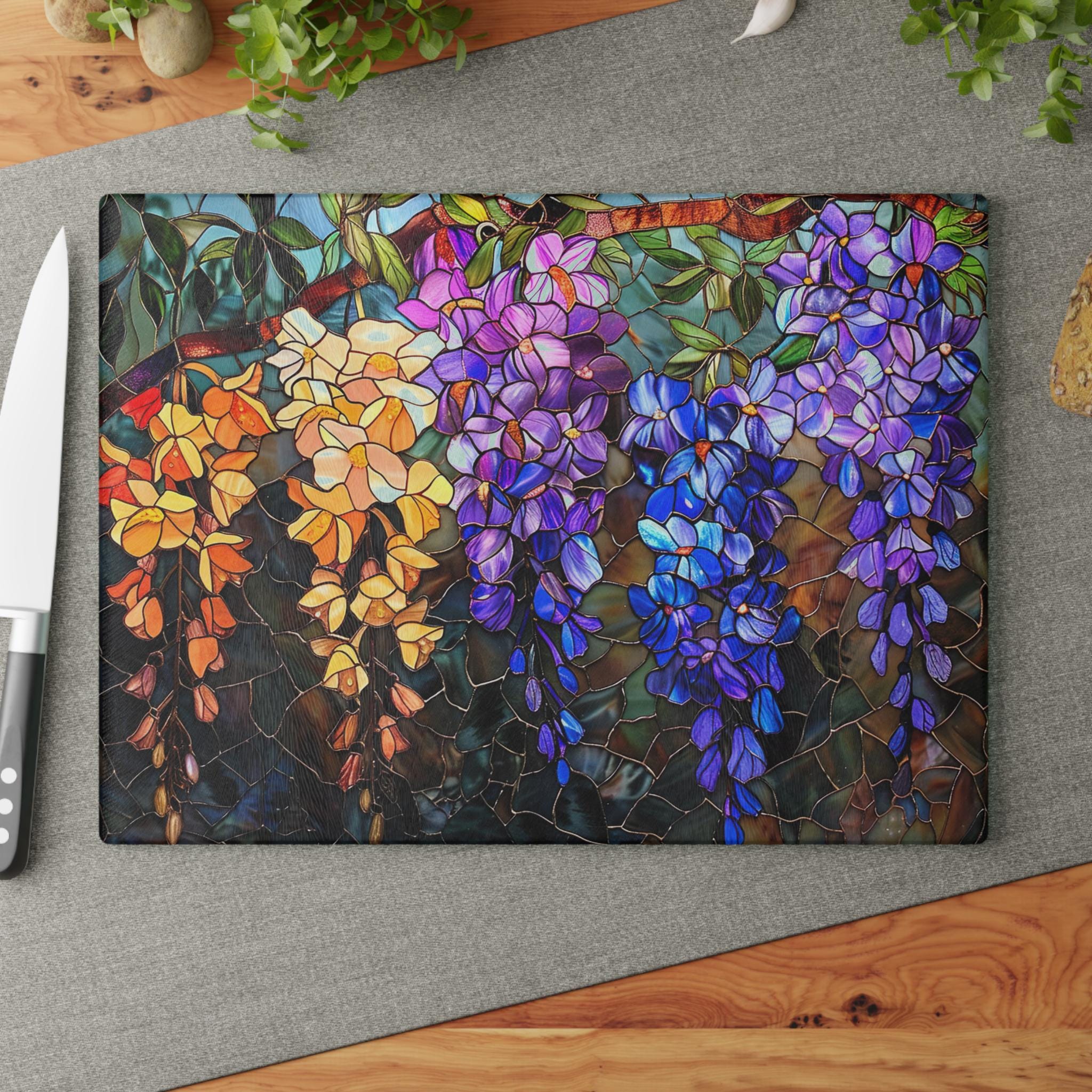 Wisteria Cascade Glass Cutting Board | Colorful Floral Kitchen Decor | Housewarming Gift | Easter