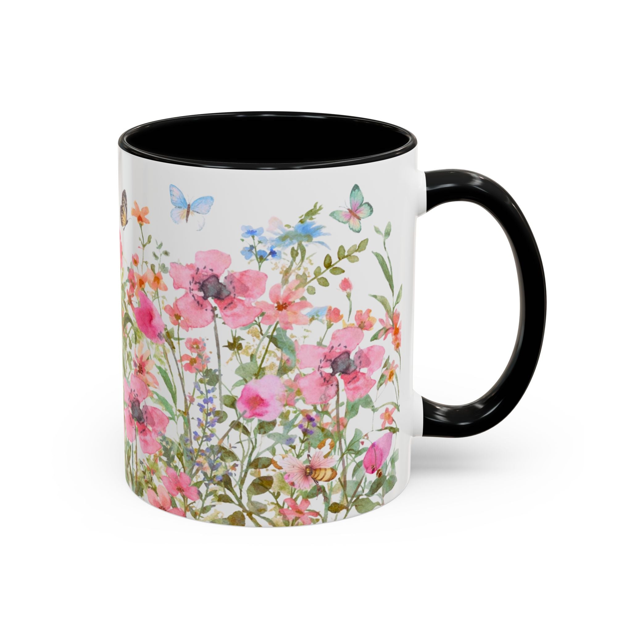 Floral Meadow Accent Coffee Mug — Pink Wildflowers & Butterflies (11oz, 15oz)