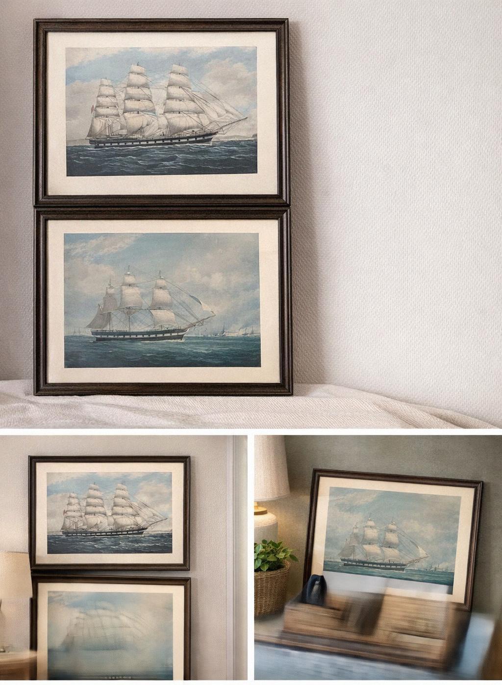 Rare Nautical Ship Prints by F. Tudgay – Wool Clipper Ships, Vintage Framed Maritime Art, Set of 2, Glass Frames 16x11