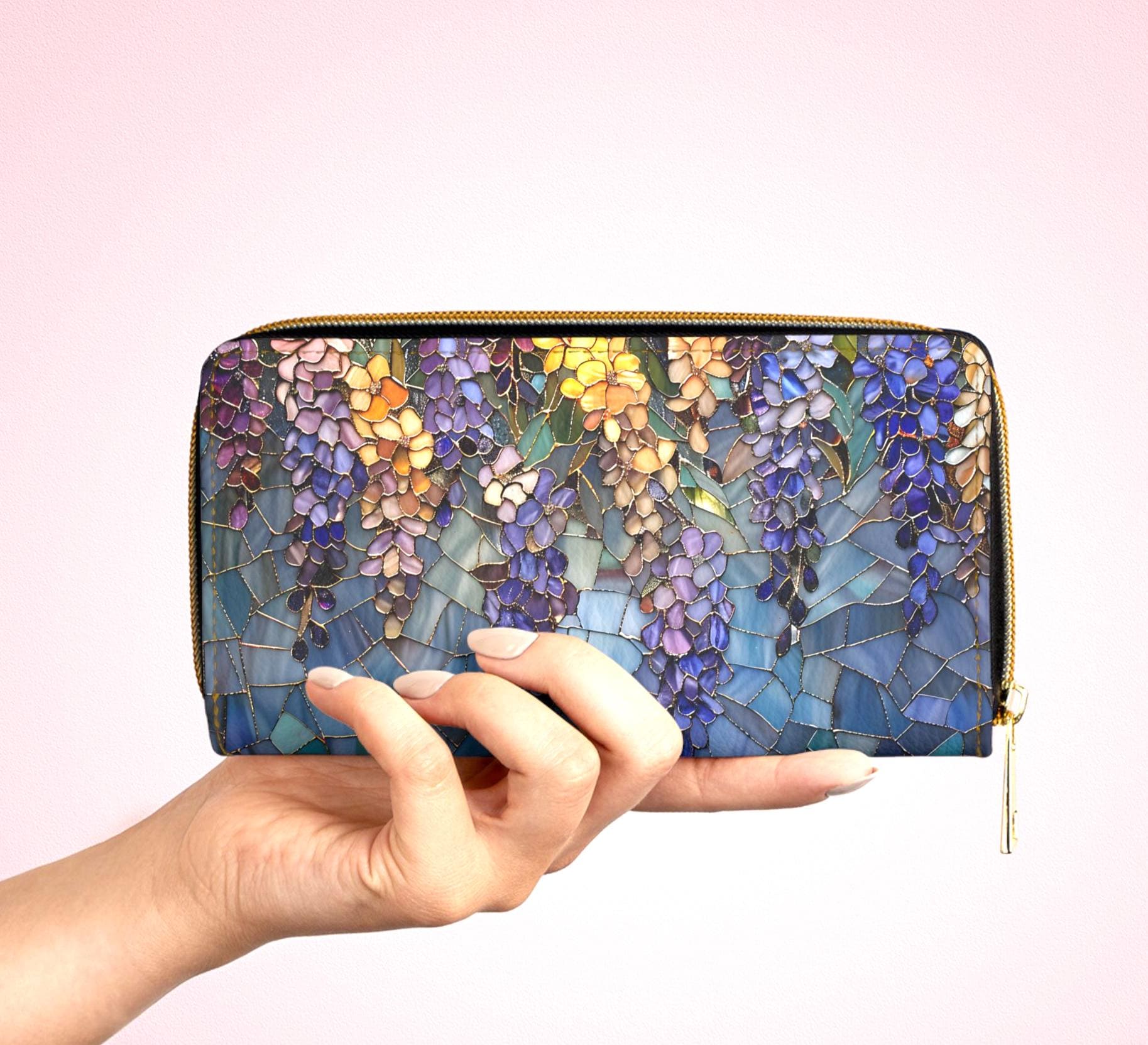 Wisteria Wallet | Floral Clutch • Botanical Zipper • Vegan Leather Coin Purse • Trendy Garden Lover Gift