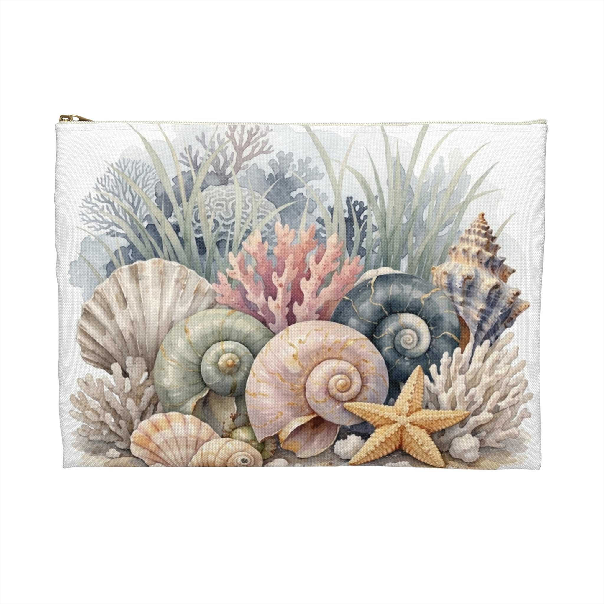 Sea Shell Collage Accessory Pouch | Beach Shell Print Coin Purse | Coastal Beach Toiletry Bag