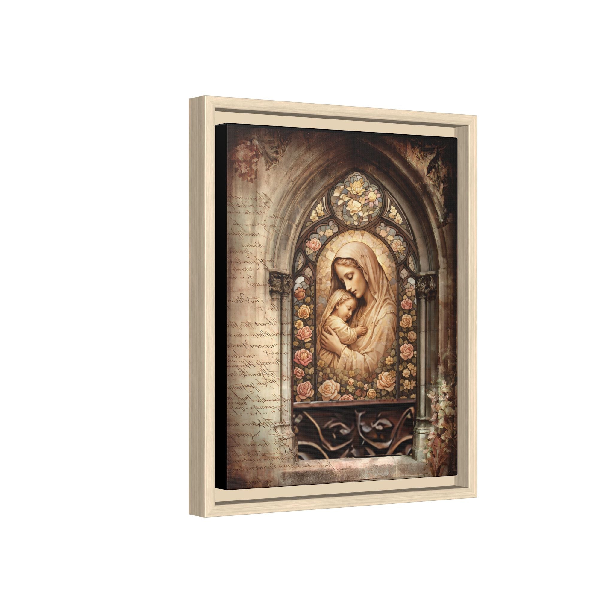 Gothic Window Madonna and Child Stained Glass Print Matte Canvas, Framed