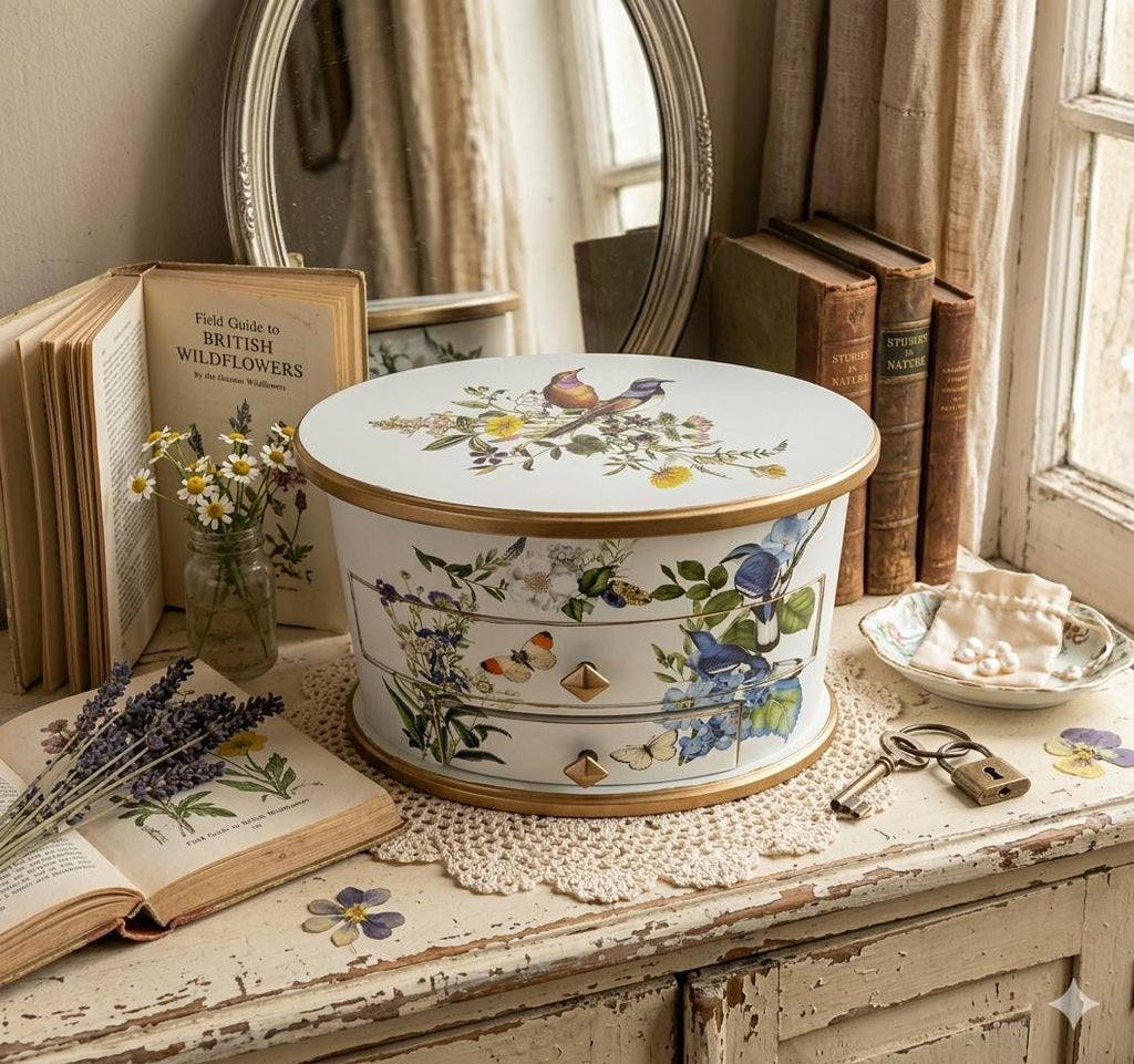 Wildflowers & Birds Oval Jewelry Box  Keepsake Treasure Chest |  Tiered Medium Jewelry Storage