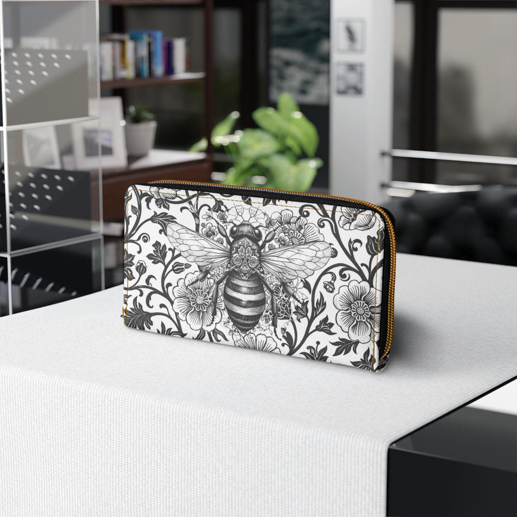 Vintage Bee Toile Floral Mandala Zipper Wallet | Black & White Clutch