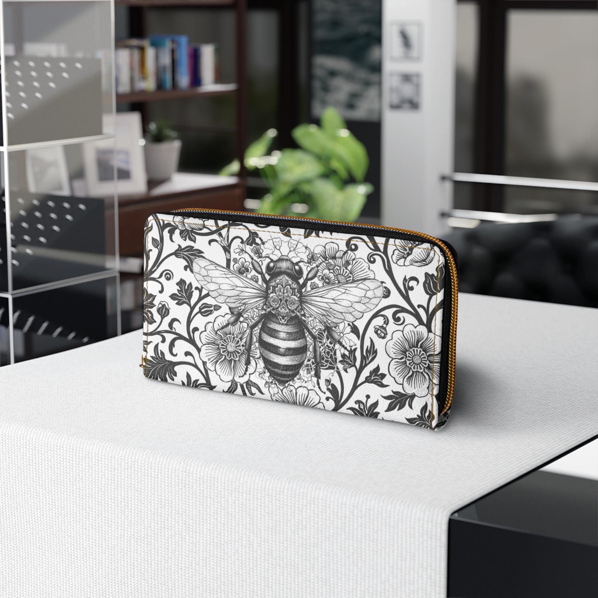 Vintage Bee Toile Floral Mandala Zipper Wallet | Black & White Clutch