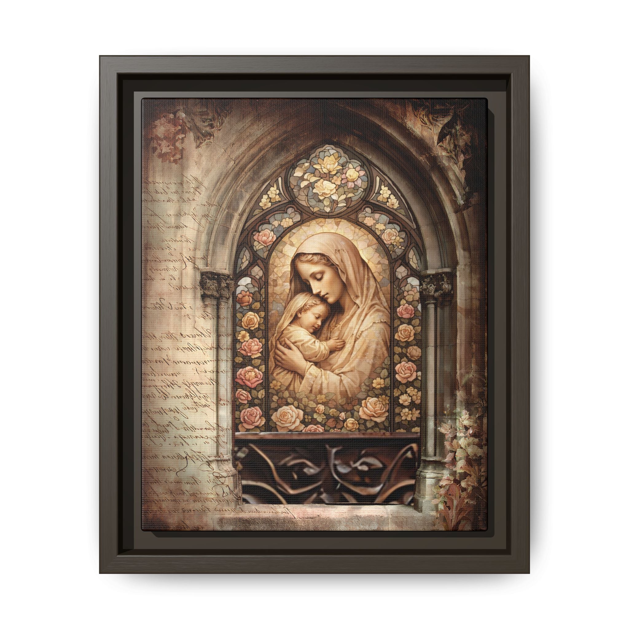 Gothic Window Madonna and Child Stained Glass Print Matte Canvas, Framed