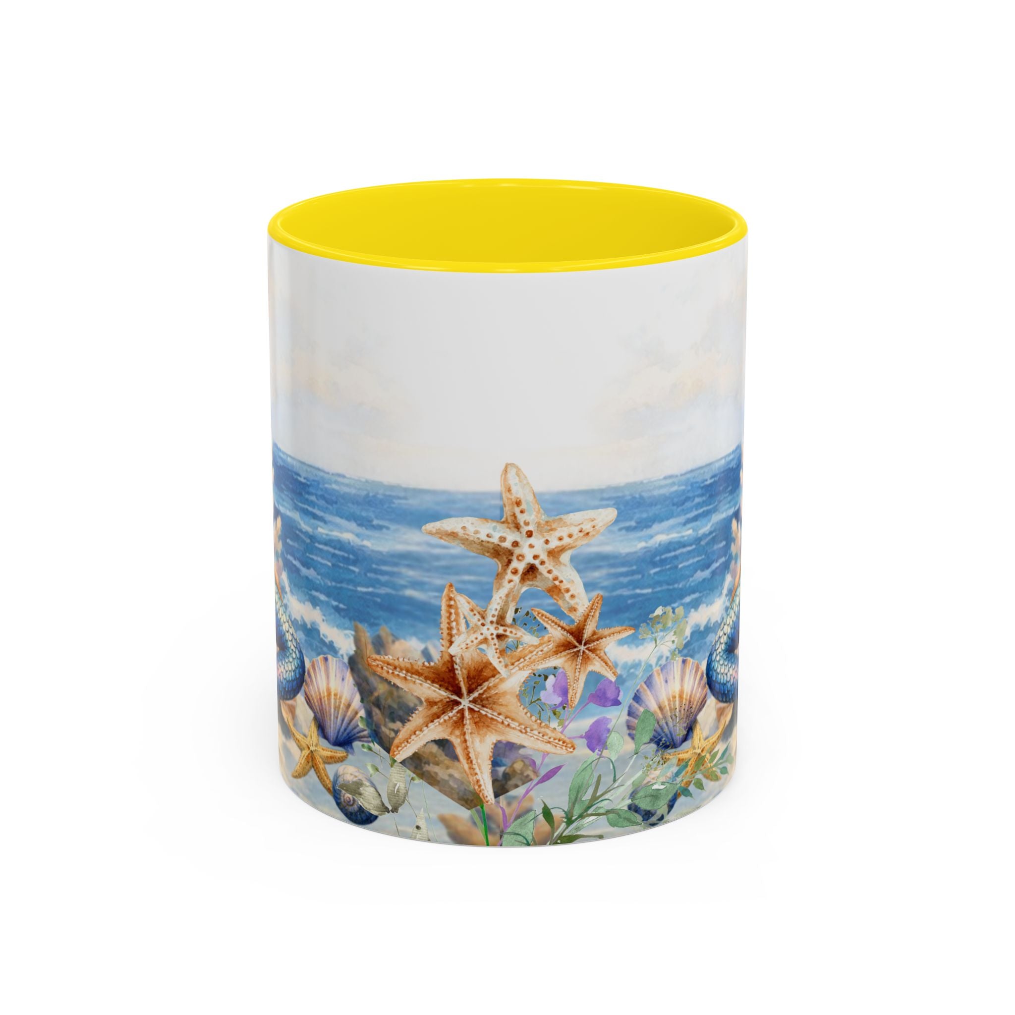 Mermaid Illustration Accent Coffee Mug | Seashells Starfish Ocean Scene
