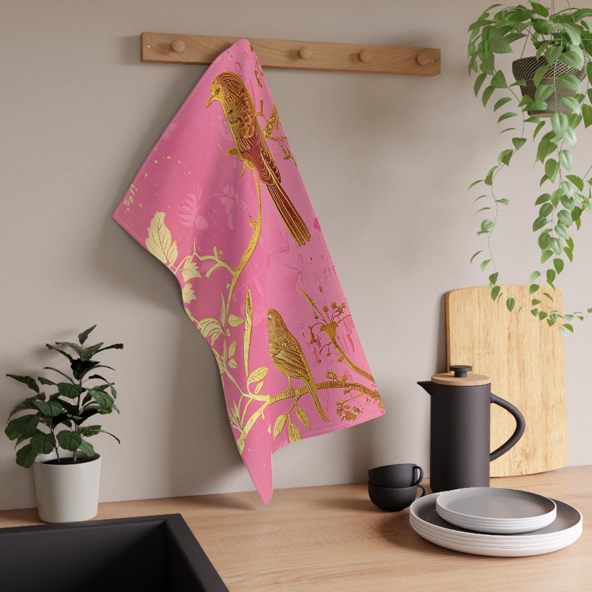 Golden Floral Vine Tea Towel | Pink Botanical Kitchen Towel