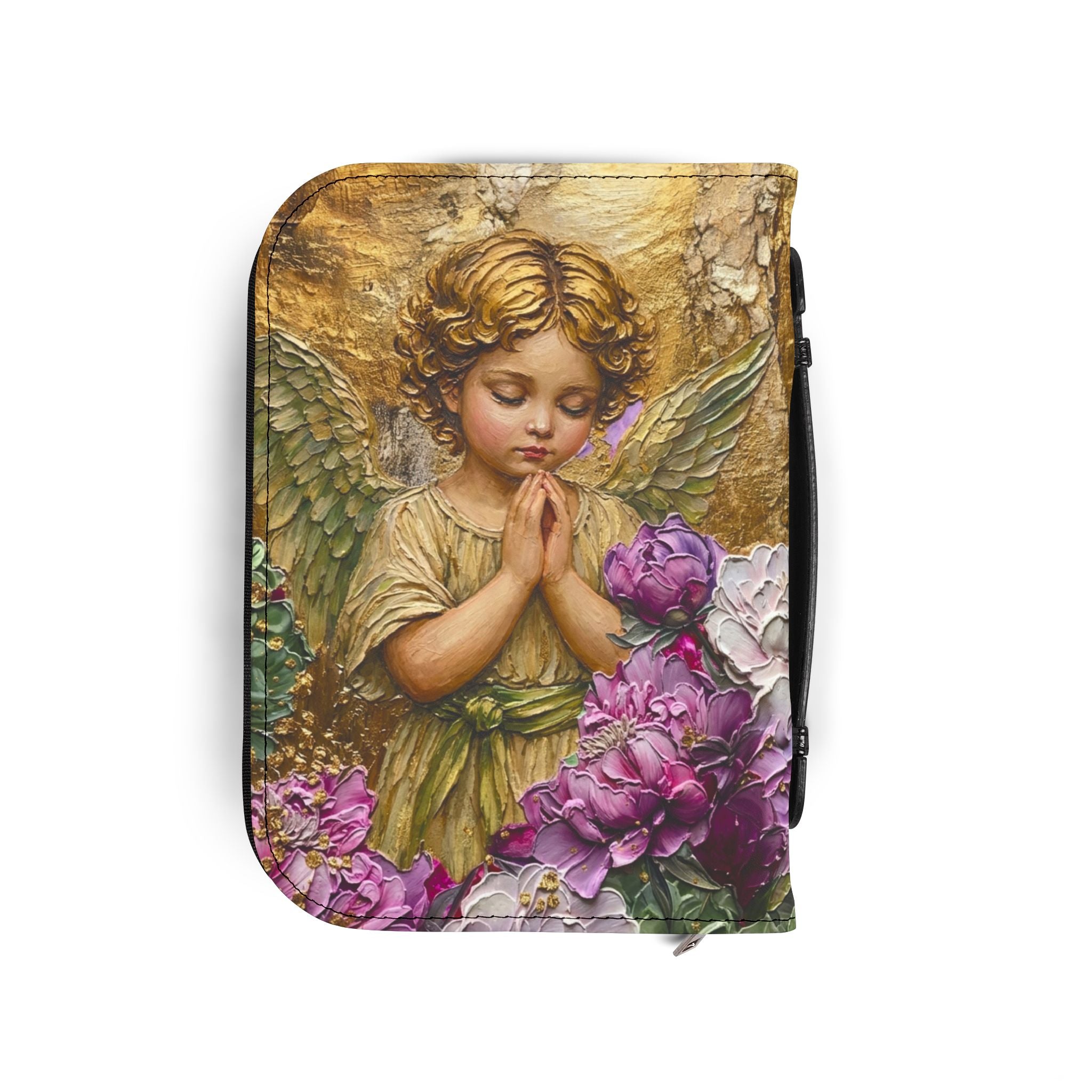 Praying Cherub with Flowers Bible Cover | Angel Artwork Zippered Case