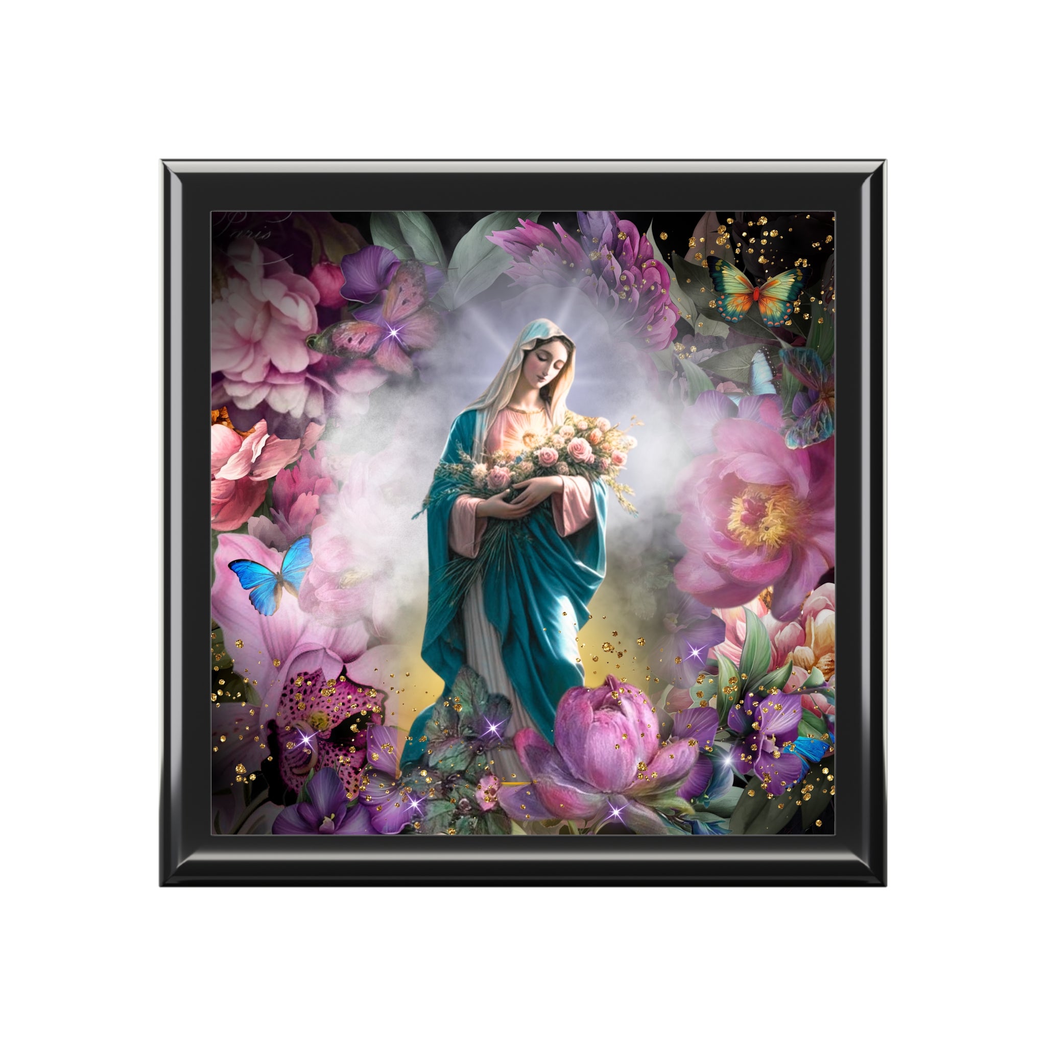 Virgin Mary Floral Illustration Jewelry Box | Madonna In Heaven Keepsake Trinket Chest