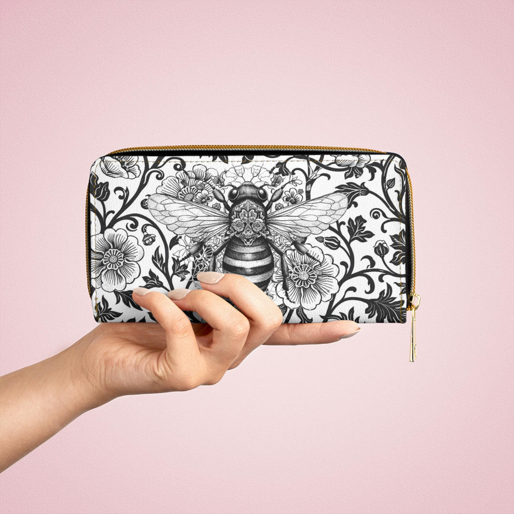 Vintage Bee Toile Floral Mandala Zipper Wallet | Black & White Clutch