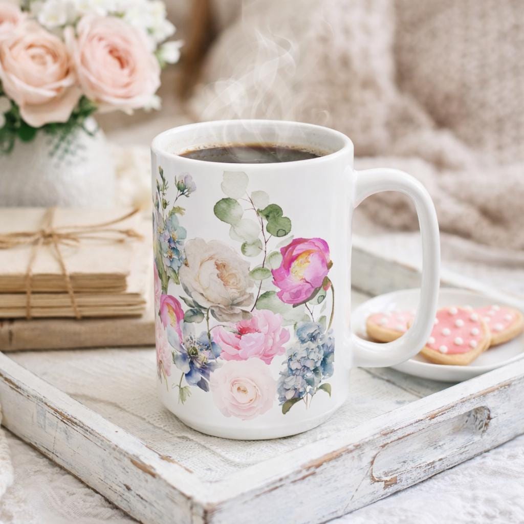French Ceramic Mug French coffee Cup Elegant Flower Design Coffee Cup for Tea Lovers, Great Gift for Birthdays, Weddings, and Anniversaries