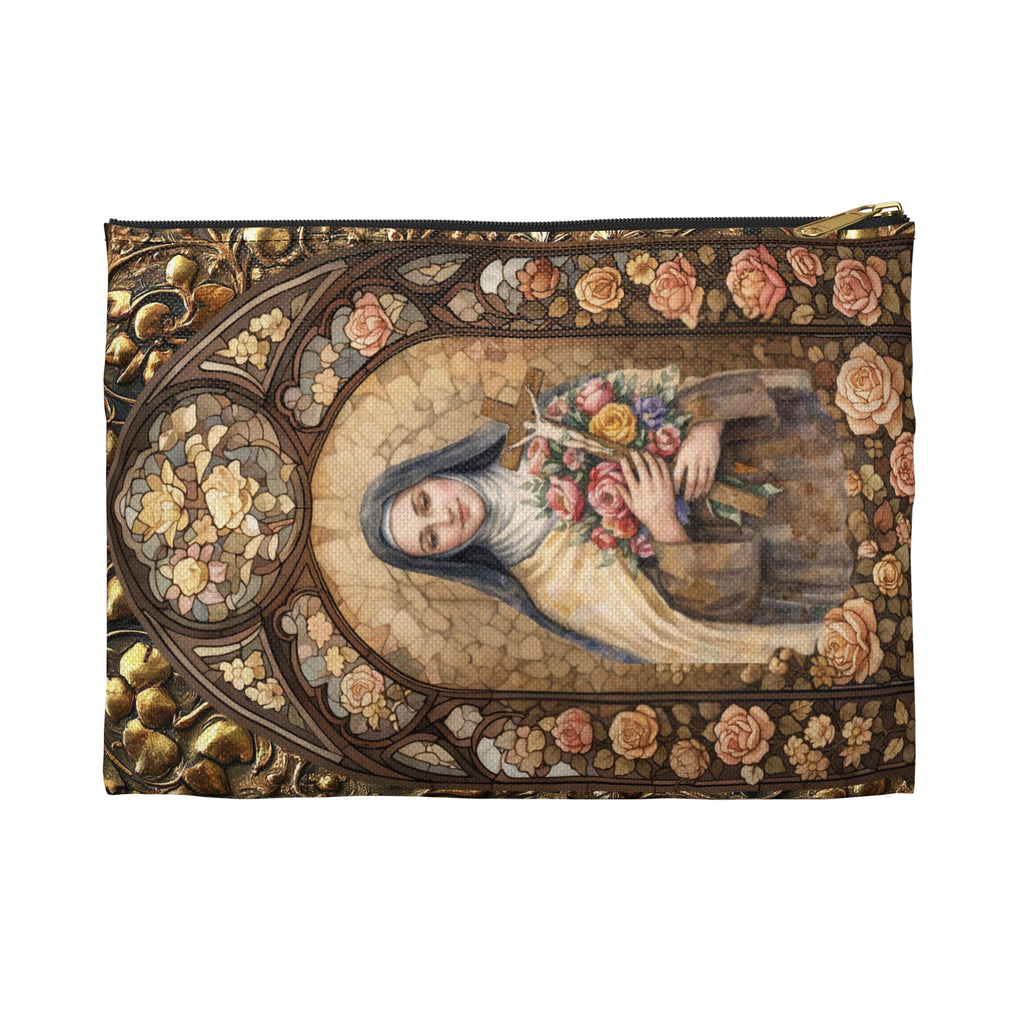 St. Thérèse Rosary Pouch Marian Roses & Doves Vegan Leather Case Accessory Pouch | Religious Rosary Makeup Bag