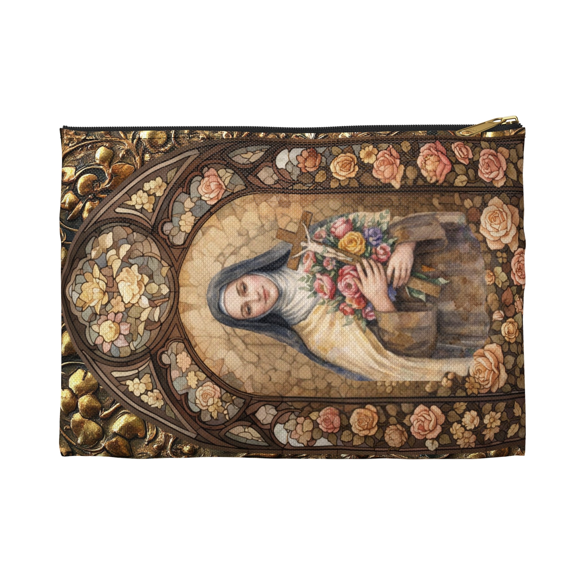 St. Thérèse Rosary Pouch Marian Roses & Doves Vegan Leather Case Accessory Pouch | Religious Rosary Makeup Bag