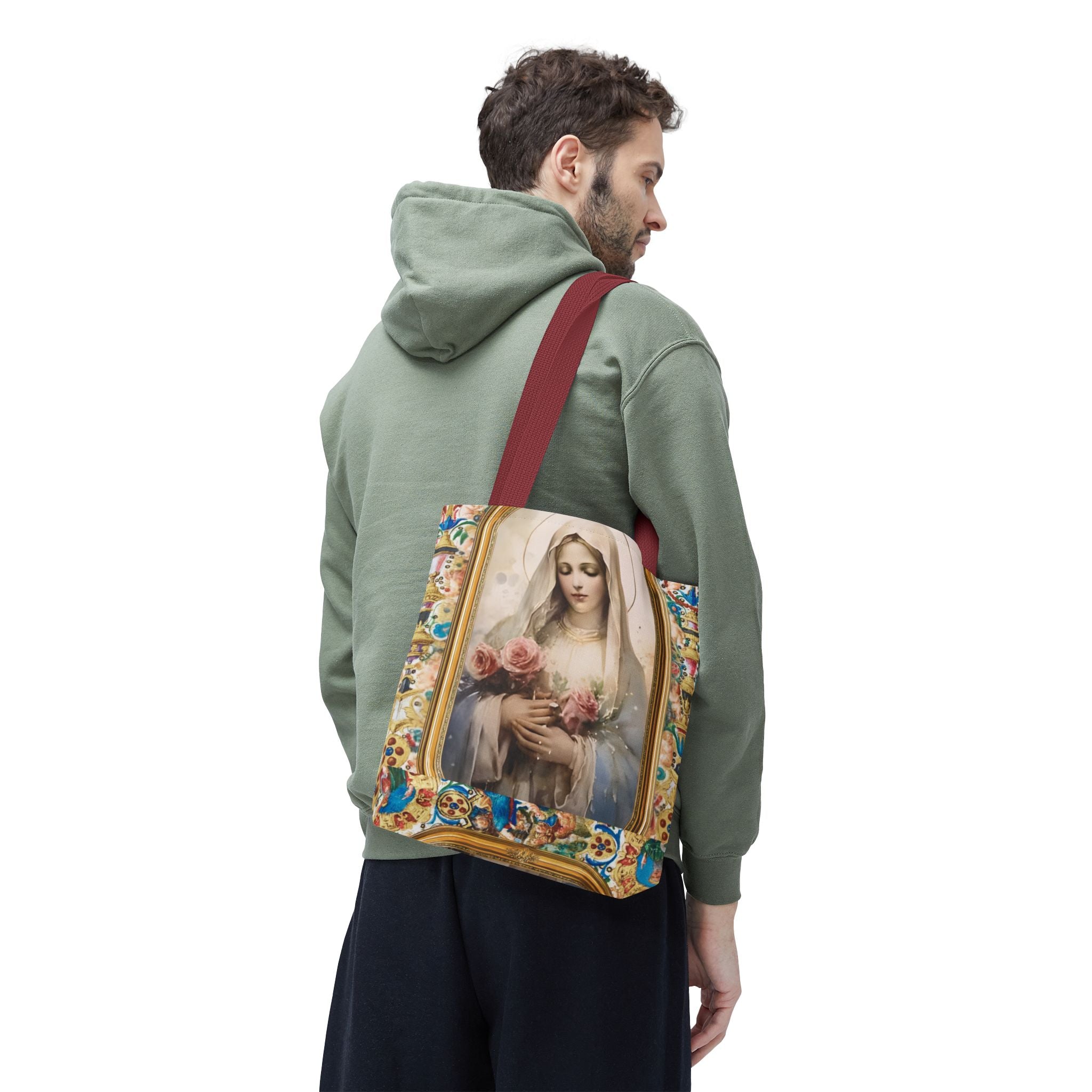 Virgin Mary portrait Tote Bag | Religious Madonna illustration, roses