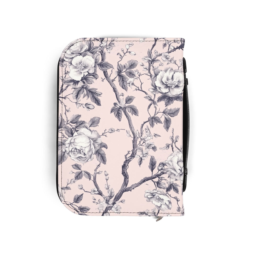 Pink White Botanical Toile Bible Cover | Floral Design | Christian Gift | Vegan Bible Case with Handle & Zipper | Bible Study Accessory