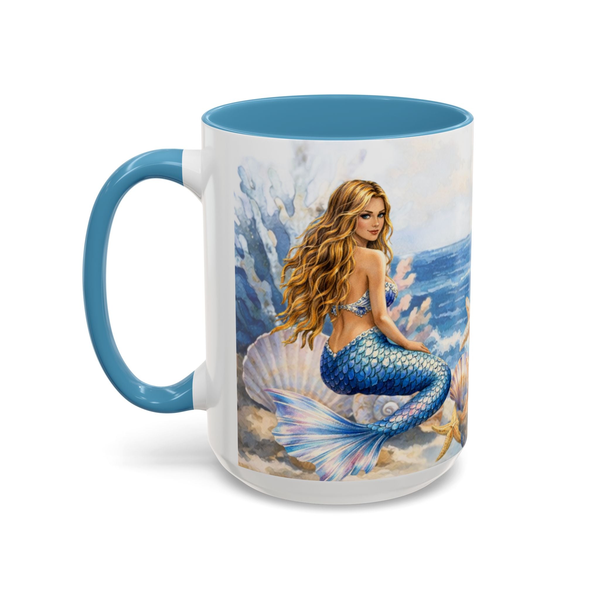 Mermaid Illustration Accent Coffee Mug | Seashells Starfish Ocean Scene
