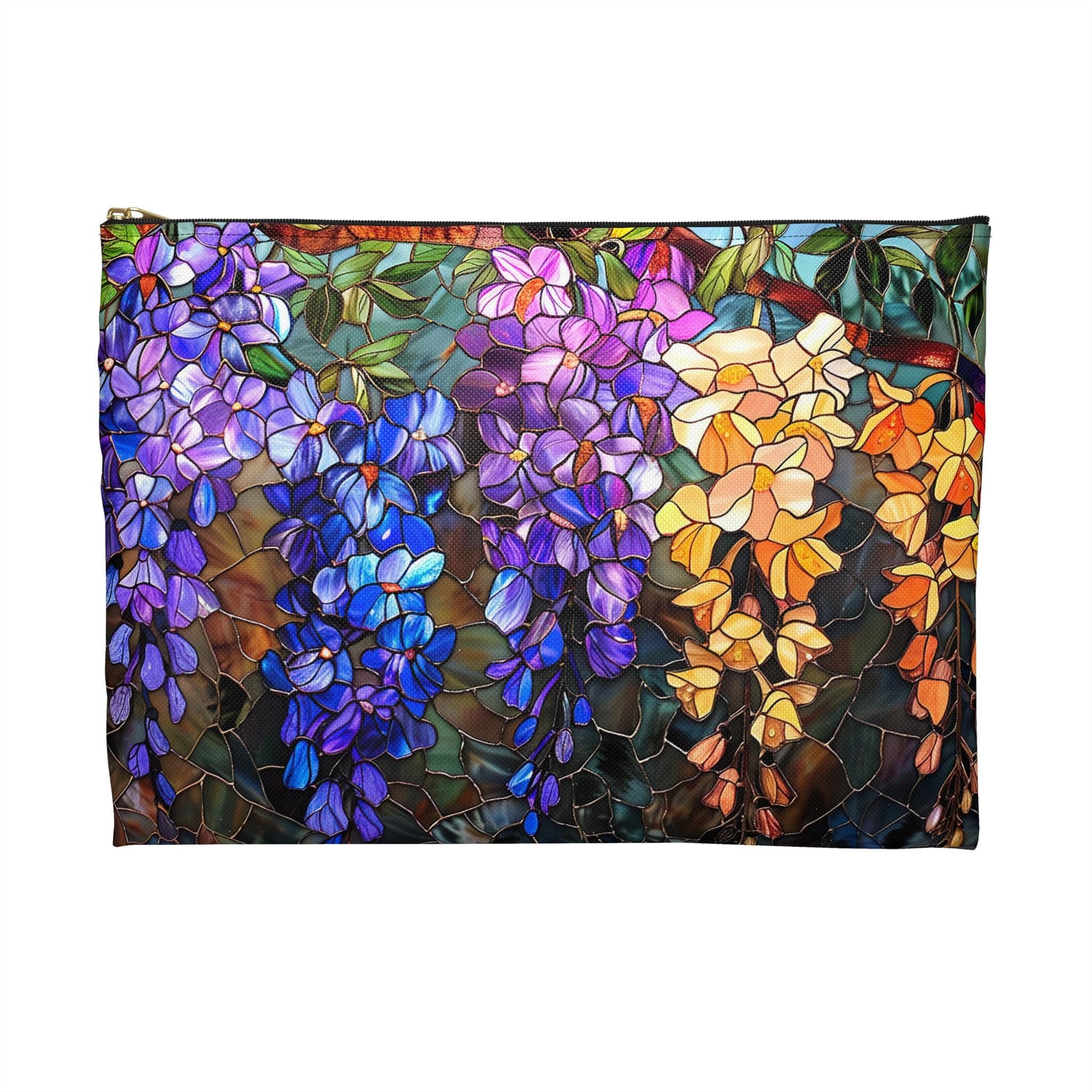 Wisteria Floral Accessory Pouch | Stained Glass Garden Print Zipper Bag