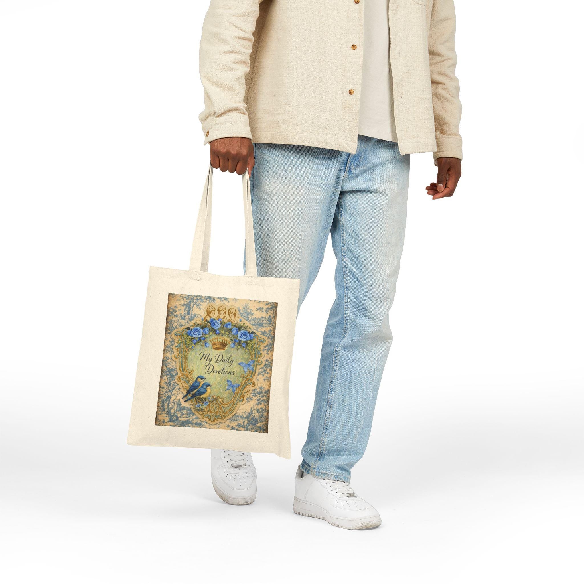 Vintage Blue Roses Heart Shield tote bag | Cotton Canvas Tote