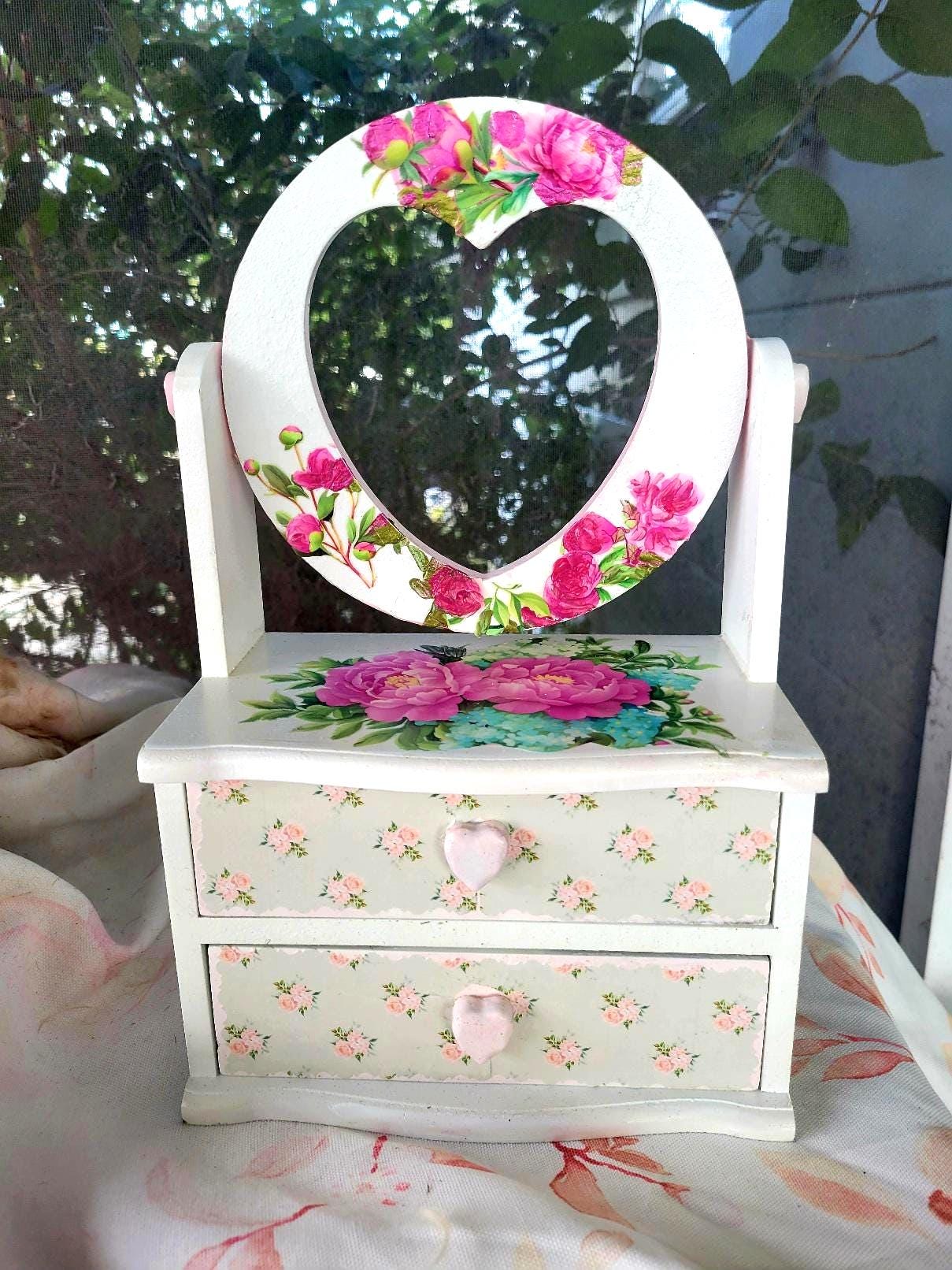 Cottagecore Jewelry Box – Vintage Floral Keepsake Chest, Wood Vanity Organizer