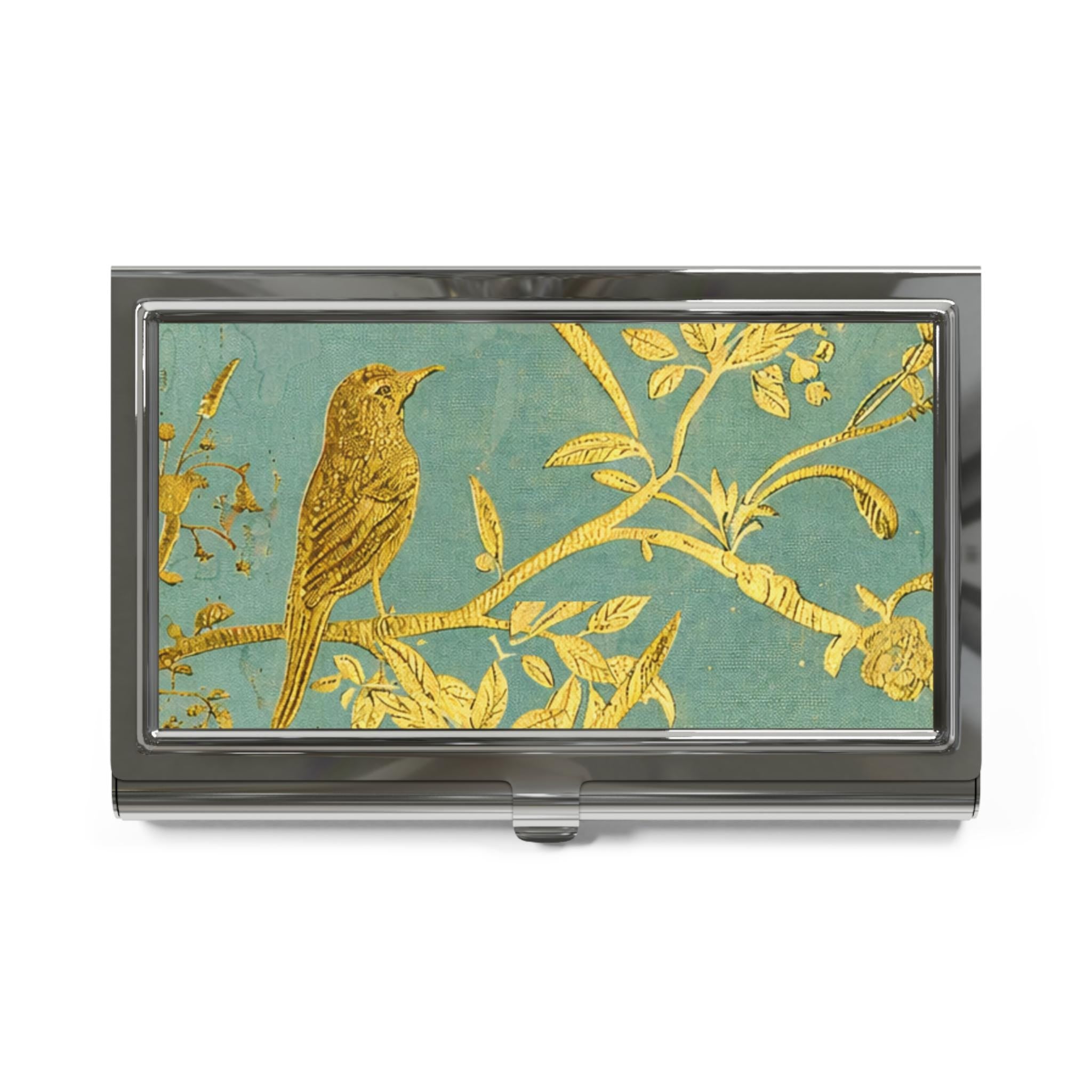 Gold Bird Branch Business Card Holder | Teal Floral Metal Case