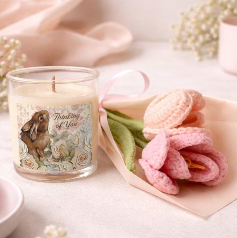 Thinking of You Candle and Crochet Flower Bouquet Gift Set