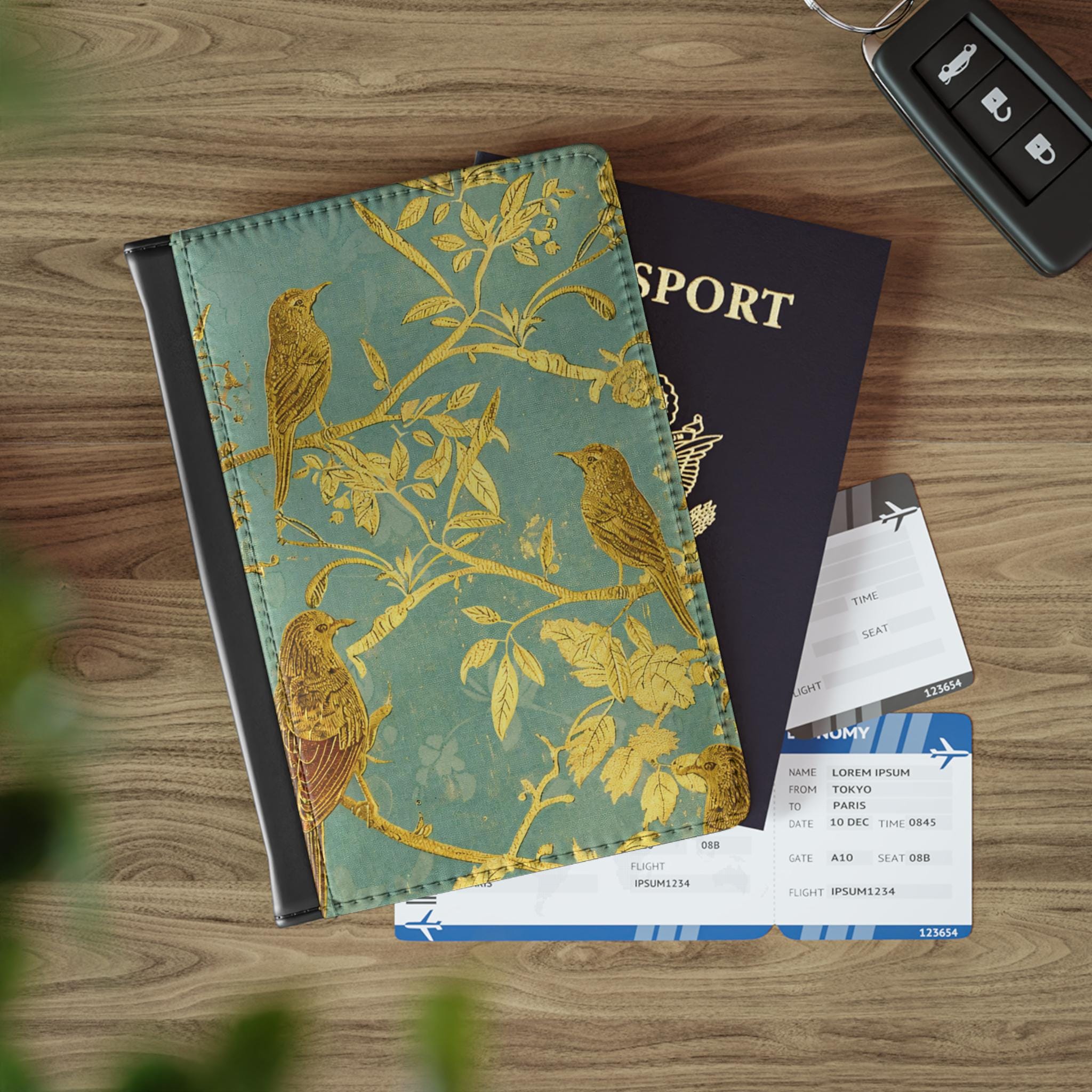 RFID Blocking Travel Wallet | Vintage Birds Celadon Passport Cover | Folding Passport Wallet for Secure Travel