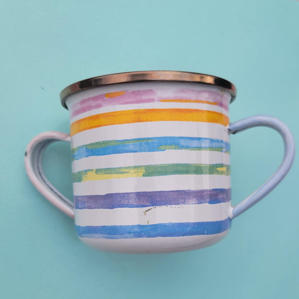 McKenzie Childs Pastel Striped Enamel Double Handle 8 Oz Cup