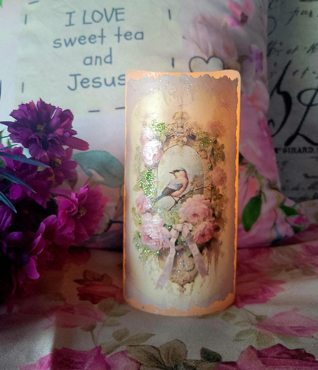 Victorian Bird LED Wax Pillar, Decorated Flameless Candle Centerpiece, Candle Decor