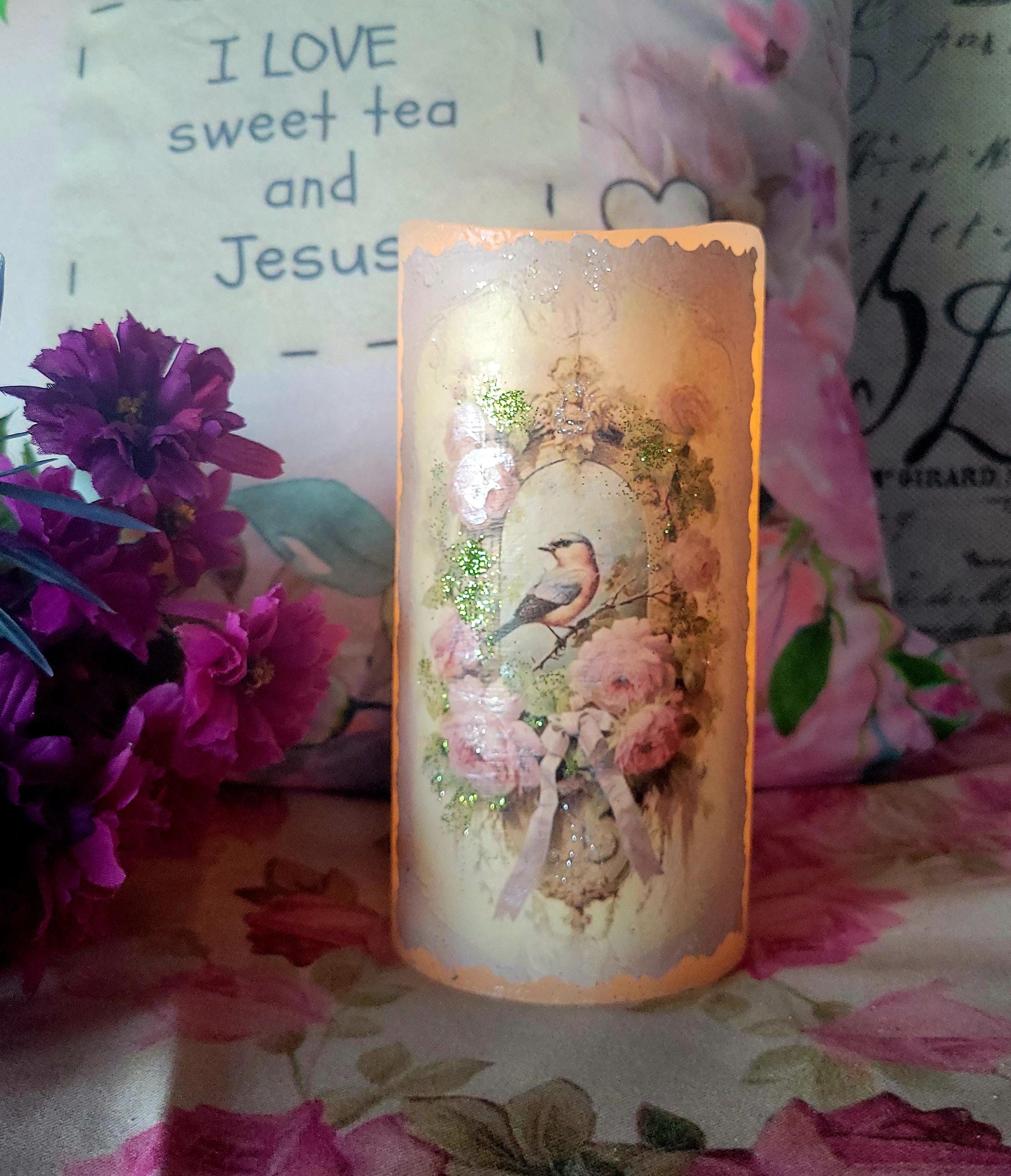 Victorian Bird LED Wax Pillar, Decorated Flameless Candle Centerpiece, Candle Decor