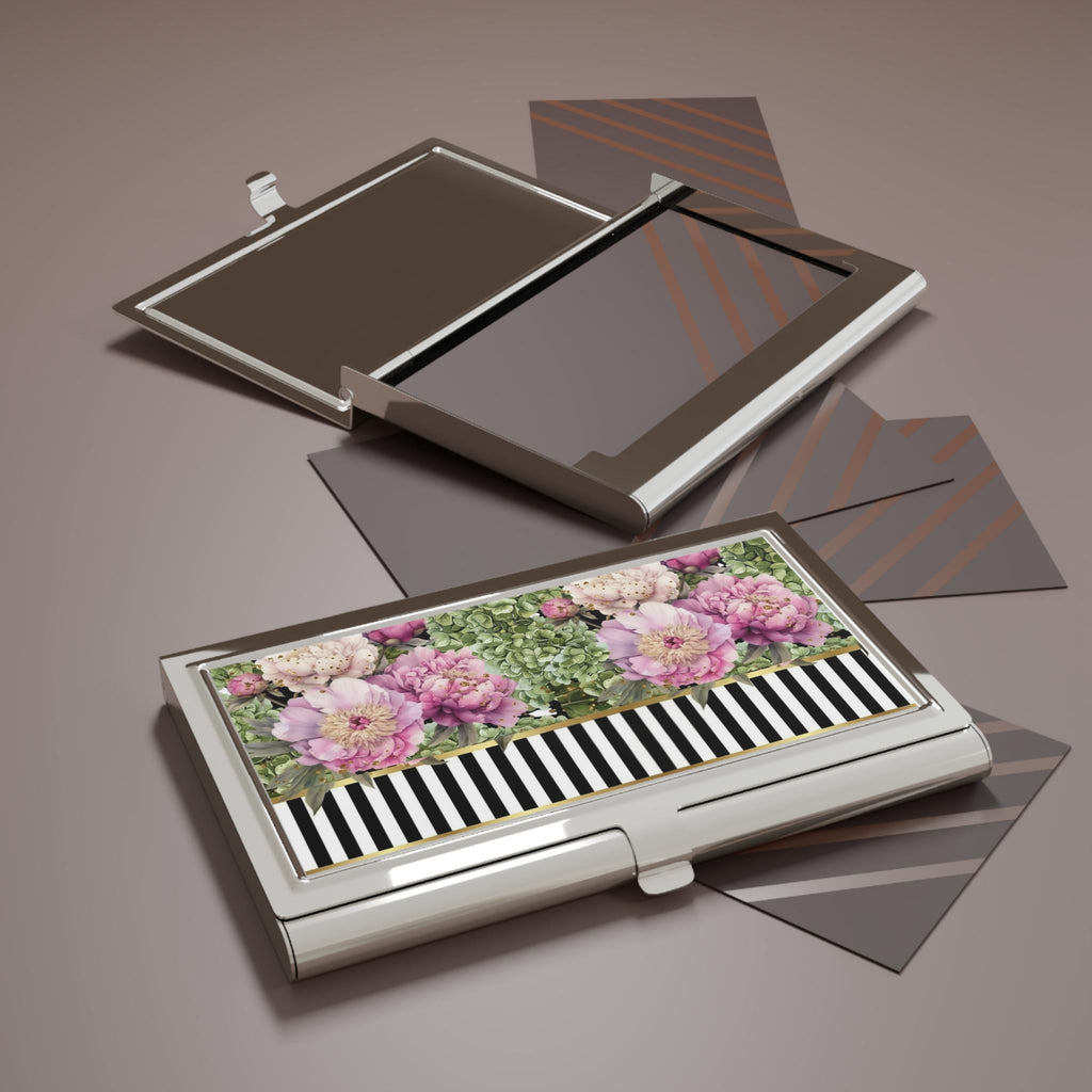 Pink Peonies & Greenery Business Card Holder | Striped Accent