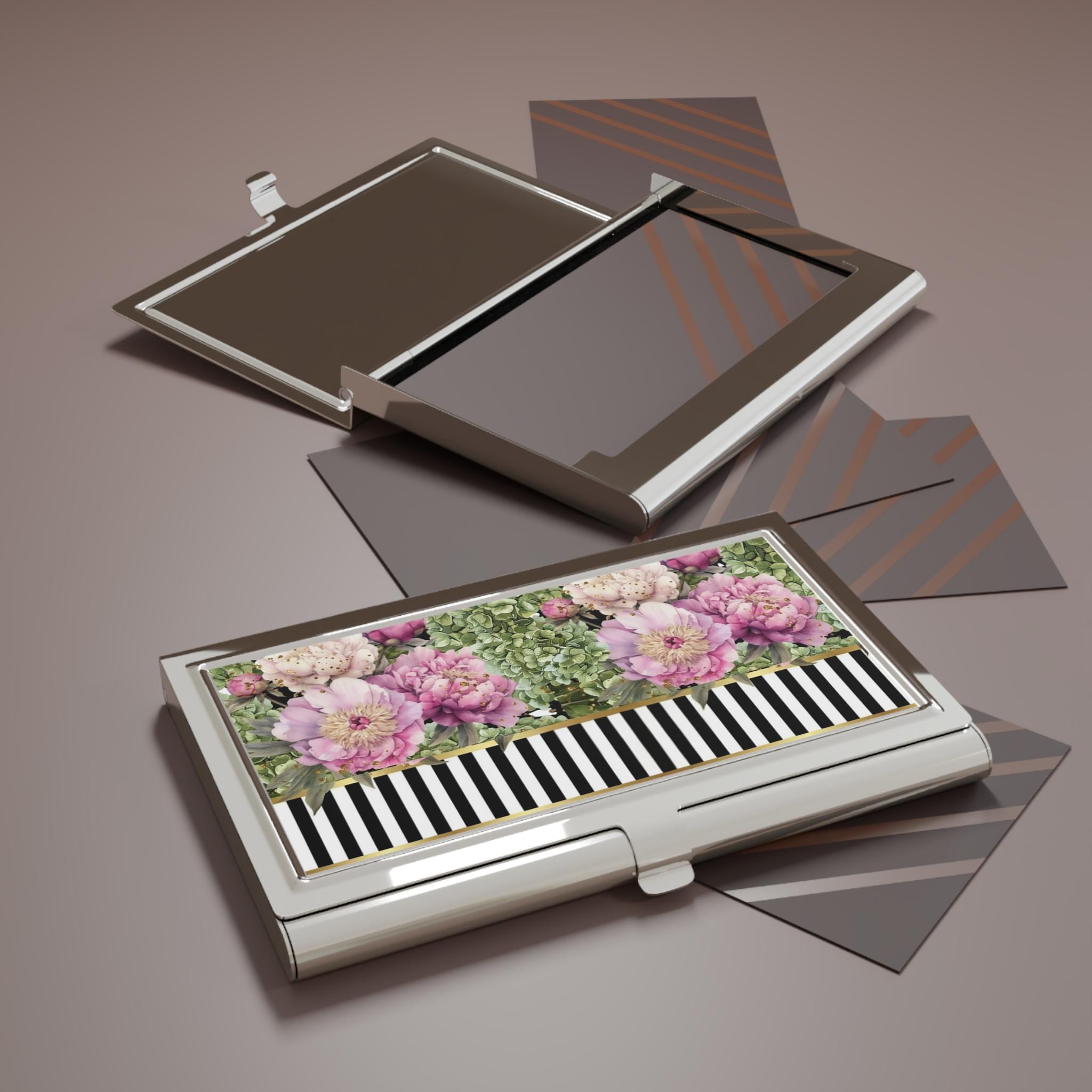 Pink Peonies & Greenery Business Card Holder | Striped Accent
