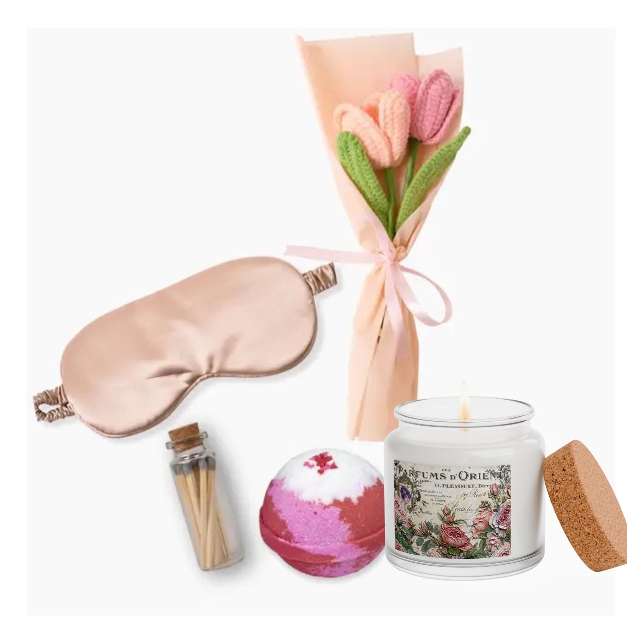 Mother’s Day Serenity Gift Set: Sage Candle, Bath Bomb, Sleep Mask, Crochet Bouquet