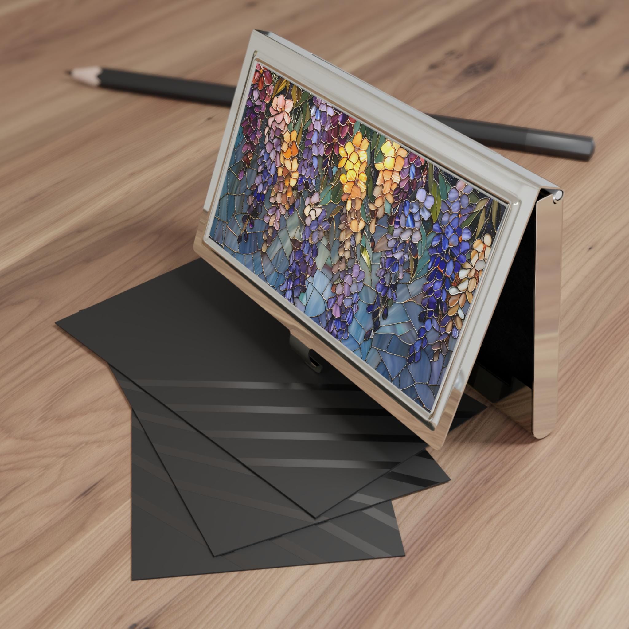 Stained Glass Wisteria Business Card Holder, Metallic Finish | Calling Card Case
