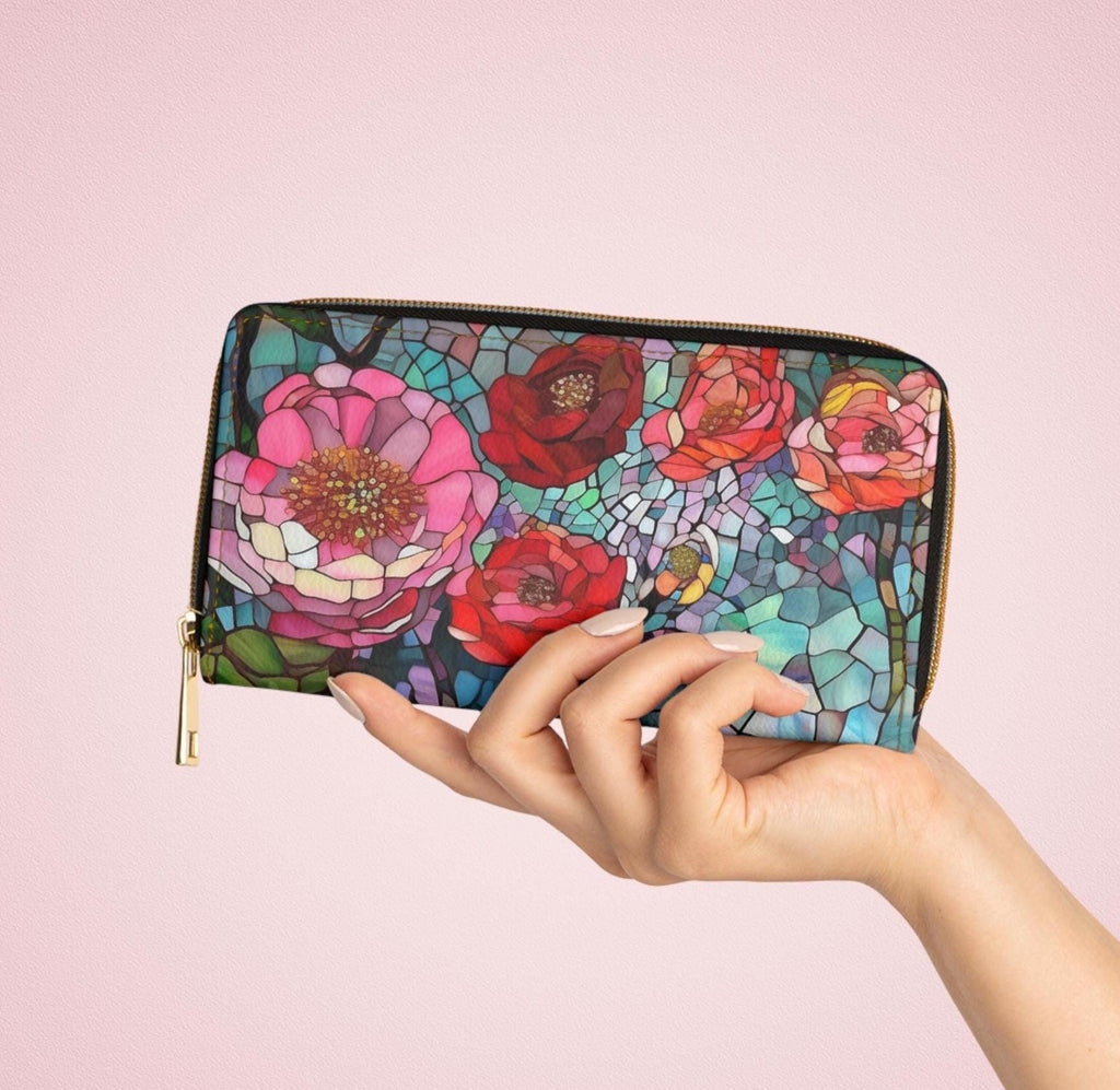 Mosaic Floral Wallet • Vegan Leather Zipper Clutch